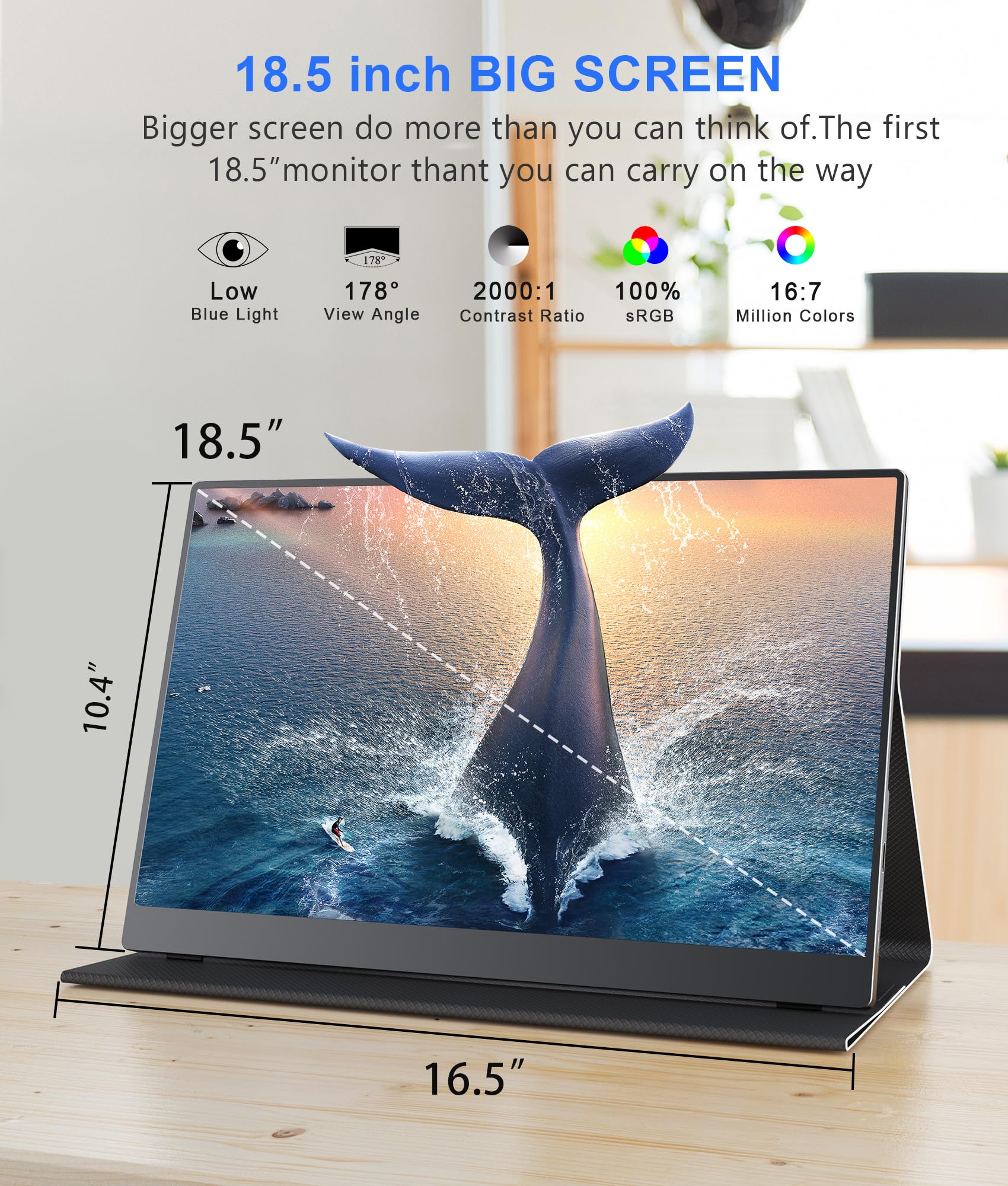 18.5 Inch Portable Monitor for Laptop - FHD 1080P IPS Display with 100% sRGB, USB-C & HDMI Ports, VESA Mount, HDR, Built-in Speakers & Smart Cover - Perfect for Travel, Work, Gaming and Home Office Setup