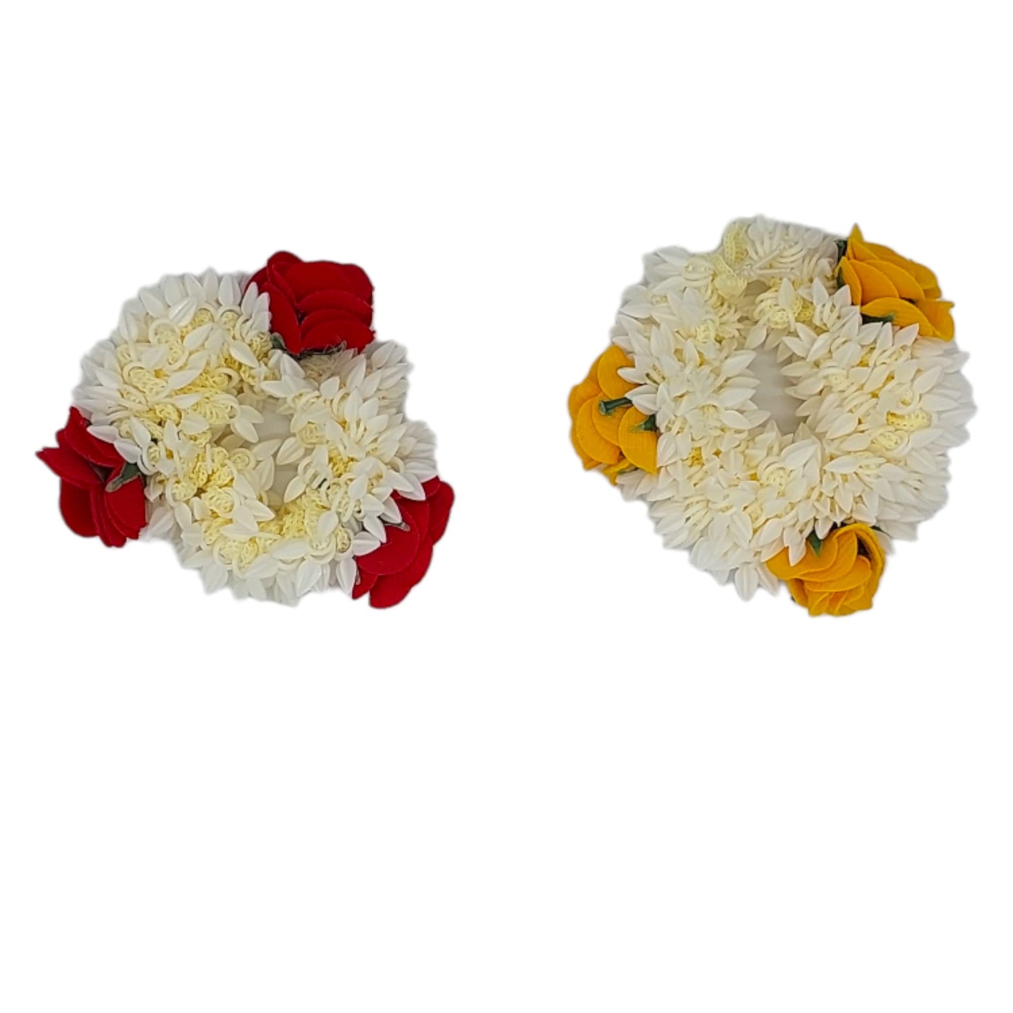 Pack of 2 Artificial Mogra & Rose Rubber Band Hair Flowers - Plastic Gajra Hair Accessories for Women & Girls - Perfect for Weddings, Parties & Traditional Outfits