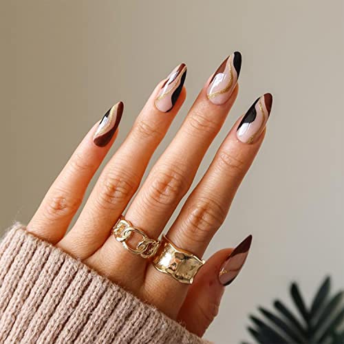 DOCVOEOMH Short Medium Almond Press on Nails - Gold Glitter French Design Acrylic Fake Nails Kit with Glue, Reusable Full Cover Gel Nails for Women (24PCS) - Perfect for Parties, Weddings, and Everyday Wear