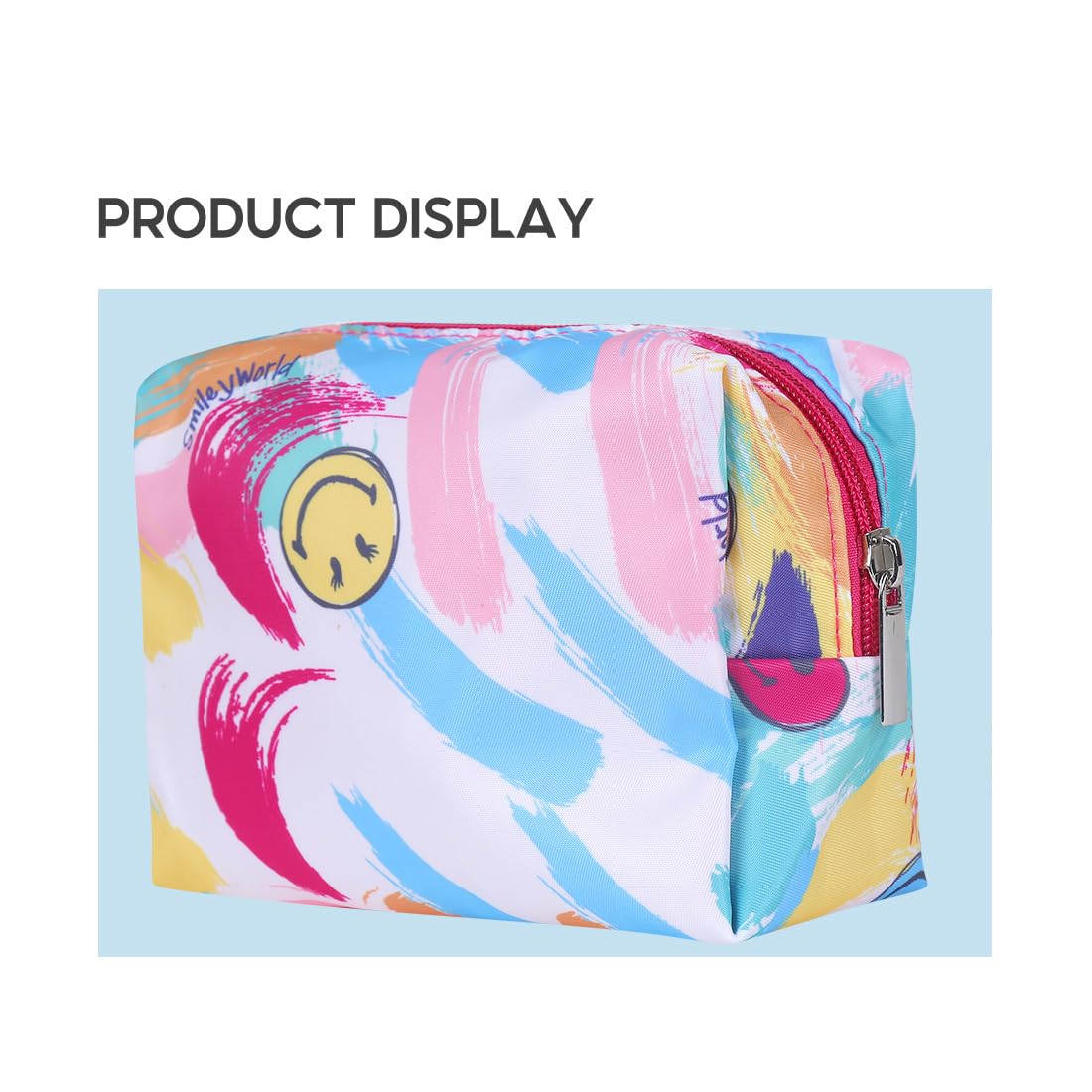 MINISO SmileyWorld Travel Makeup Pouch for Women & Girls - Waterproof Cosmetic Organizer Bag, Small Toiletry Bag for Travel Accessories (15x7x10cm, Blue) - Perfect for Vacation, Gym & Daily Essentials Storage