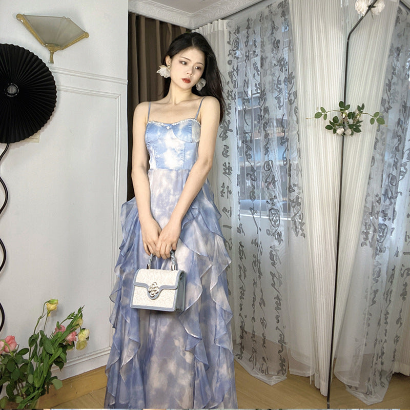 French Blue Strapless Backless Summer Dress - Elegant Fairy Gown for Weddings, Parties & Beach Vacations