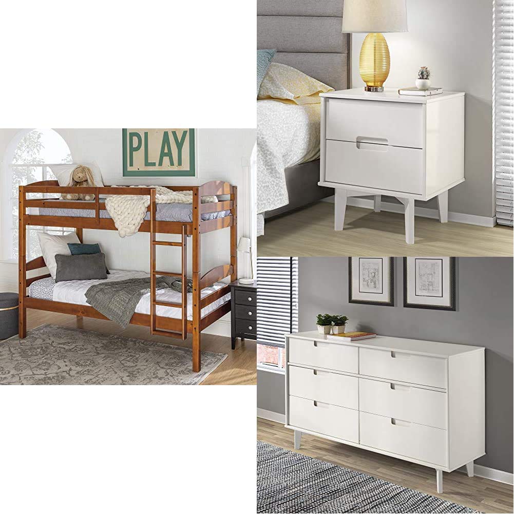 Walker Edison Solid Wood Twin Bunk Bed with Guard Rail for Kids - Cherry Finish | White 24