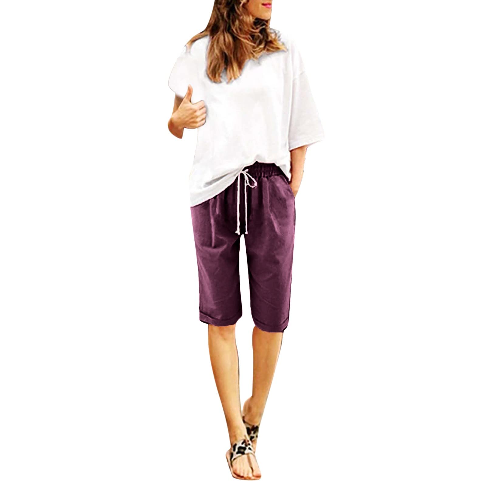 AMDBEL Women's Cotton Bermuda Shorts with Pockets - Knee Length Pull-On Lounge Shorts for Walking, Travel & Casual Wear | Soft Sweat Knit Fabric | Comfortable Summer Shorts for Women