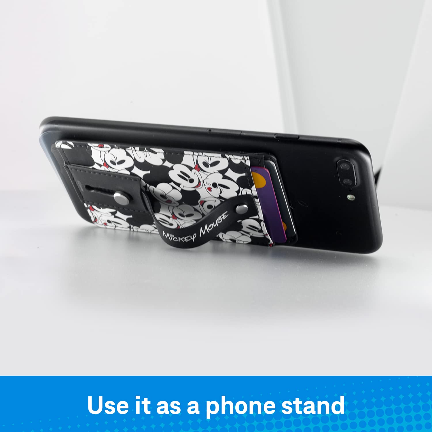 Disney Mickey Mouse Adhesive Phone Wallet Card Holder - Stick On Cell Phone Grip with Built-in Finger Strap & Kickstand - Compatible with iPhone & Smartphones - Perfect for Travel, Shopping & Daily Use (Black)