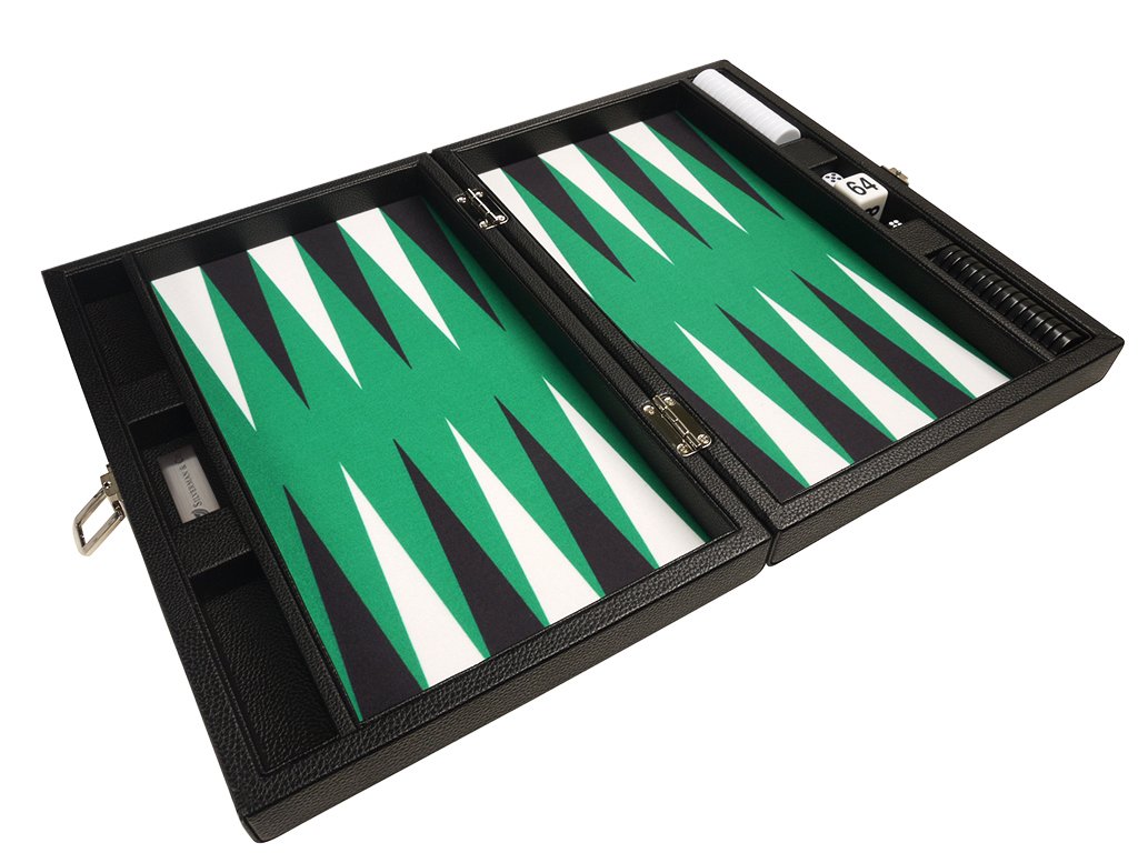 13-Inch Premium Backgammon Set - Compact Travel Size with Black Board & Green Playing Surface - Classic Black and White Points - Perfect for Travel, Parties & Family Game Nights