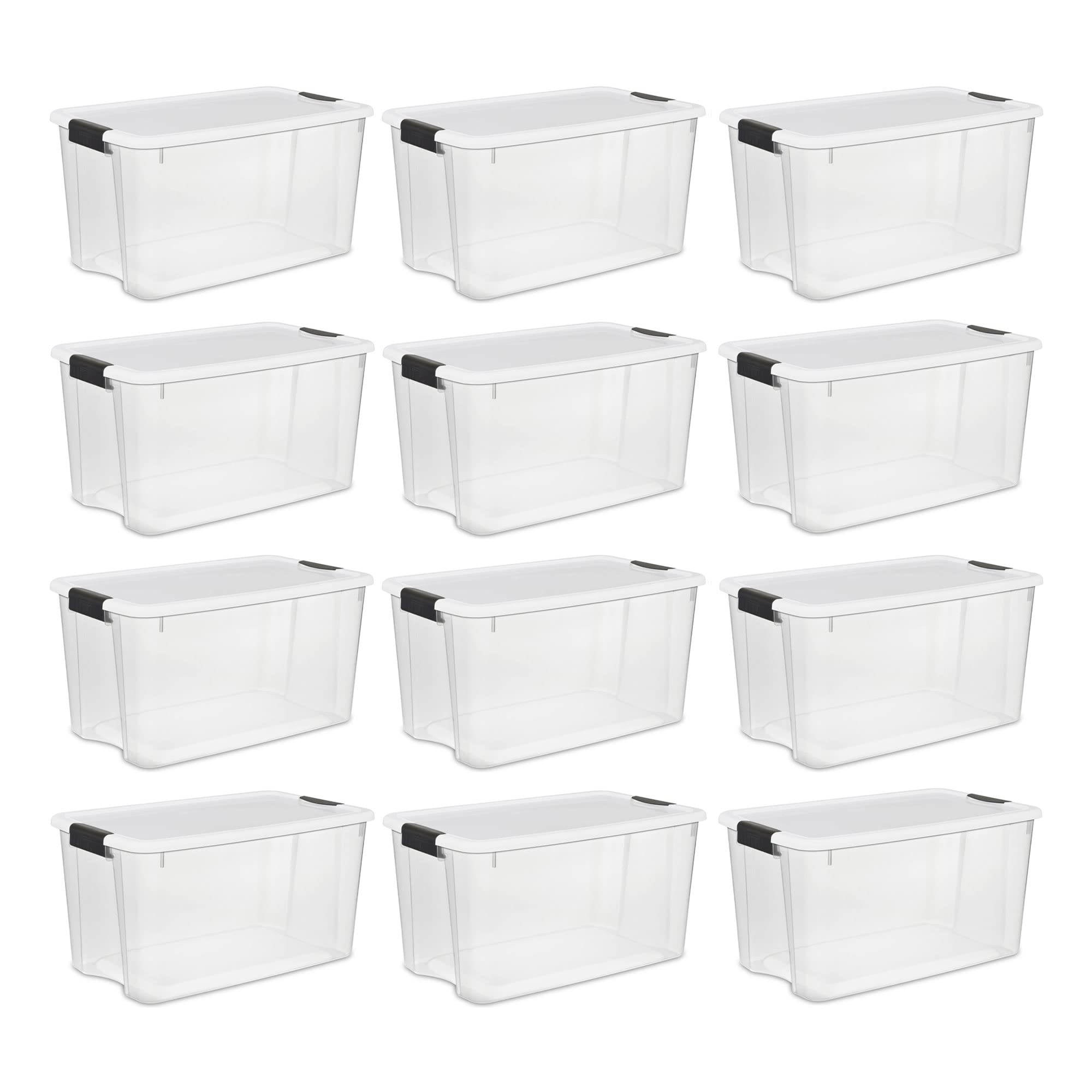 Sterilite 70 Qt Clear Plastic Stackable Storage Bins with White Latching Lids - 12 Pack Organizing Solution for Home, Office, and Garage Storage