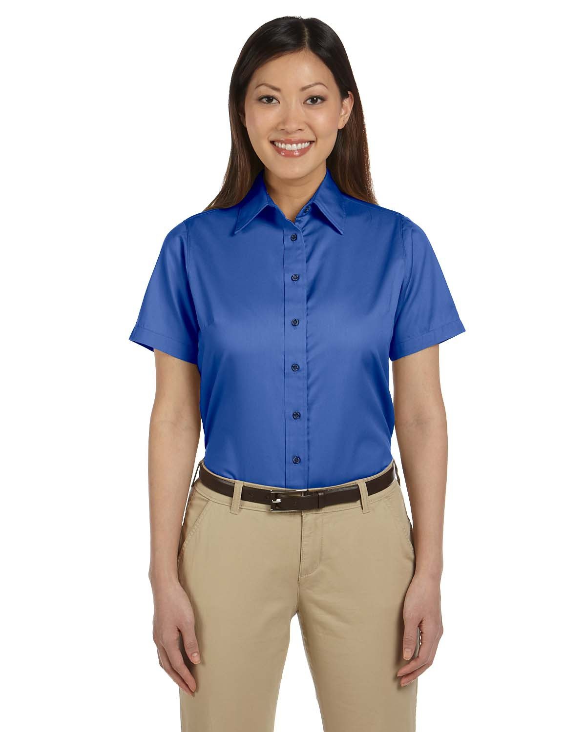 Women's Easy Blend Short-Sleeve Twill Shirt - Comfortable Casual Top in French Blue (XL) - Perfect for Work, Travel & Everyday Wear