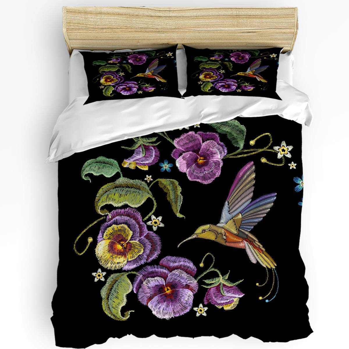 Luxury 3-Piece Duvet Cover Set with Violet & Hummingbird Embroidery - California King Size Soft Comforter Cover + 2 Pillow Shams, Zipper Closure for Adults - Perfect for Master Bedroom, Guest Room & Hotel Style Decor