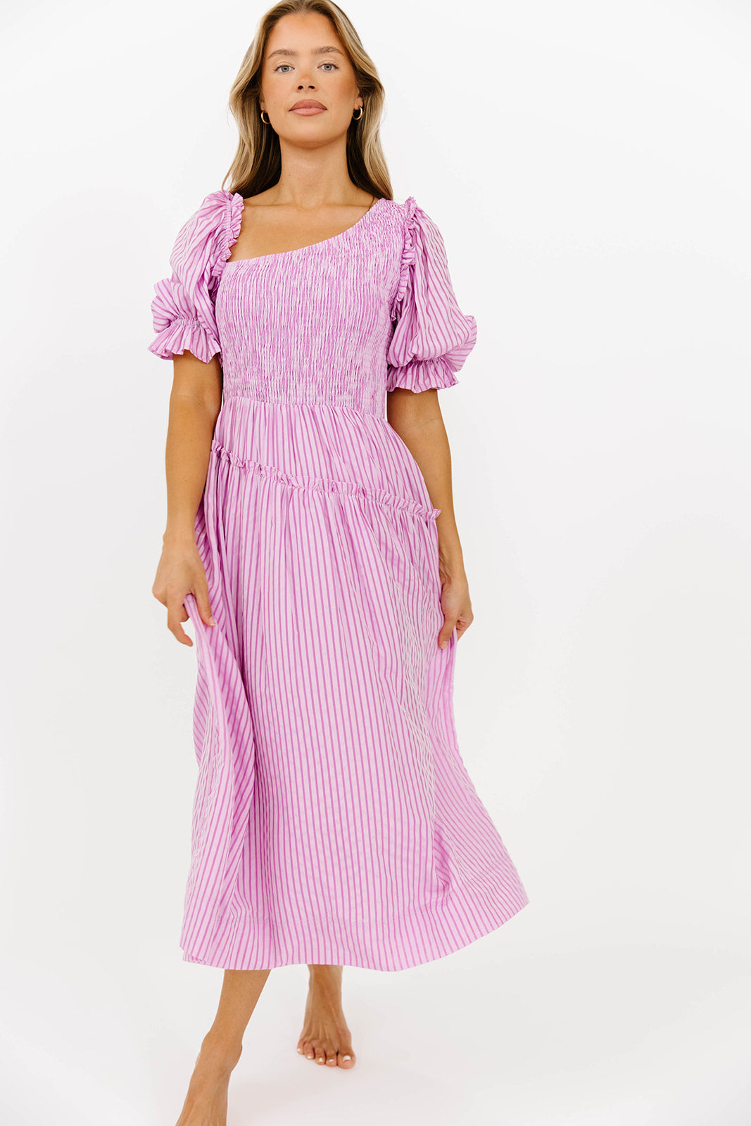 Kaden Women's Asymmetrical Ruffle Midi Dress - Flowy Pink Summer Dress for Casual Outings, Beach Vacations & Date Nights