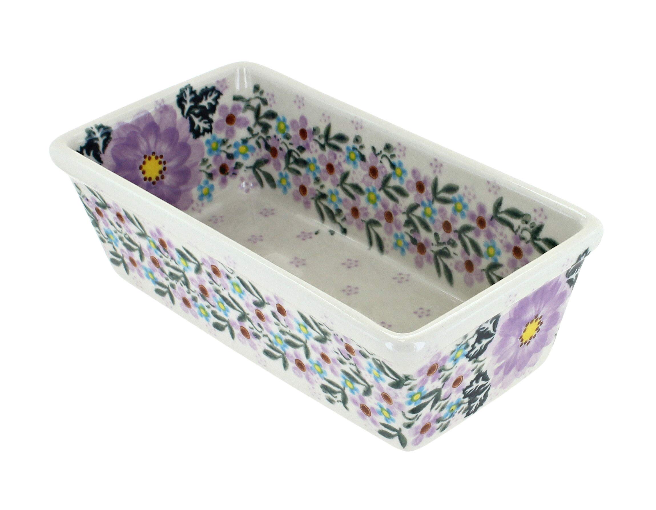 Blue Rose Polish Pottery Lilac Garden Small Loaf Baker - Handmade Ceramic Bread Pan for Baking, Perfect for Homemade Bread, Cakes & Pastries - Ideal for Rustic Kitchens & Farmhouse Decor
