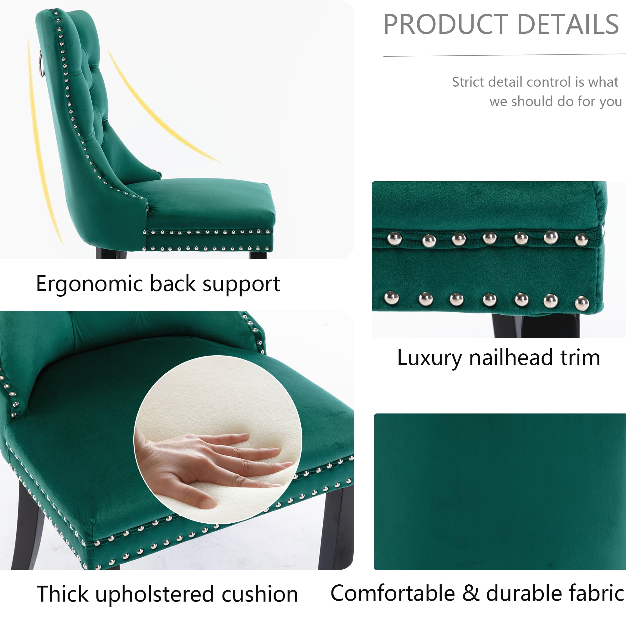 Rhomtree Set of 2 Velvet Dining Chairs - Luxury Tufted Back with Nailhead Trim, Solid Rubber Wood Legs - Emerald Green Accent Chairs for Kitchen, Dining Room & Home Decor