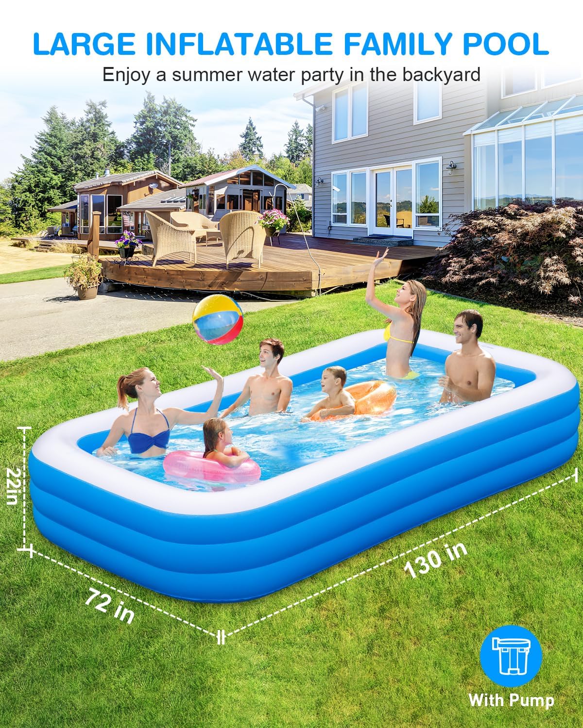 Large Inflatable Swimming Pool for Kids & Adults, 130