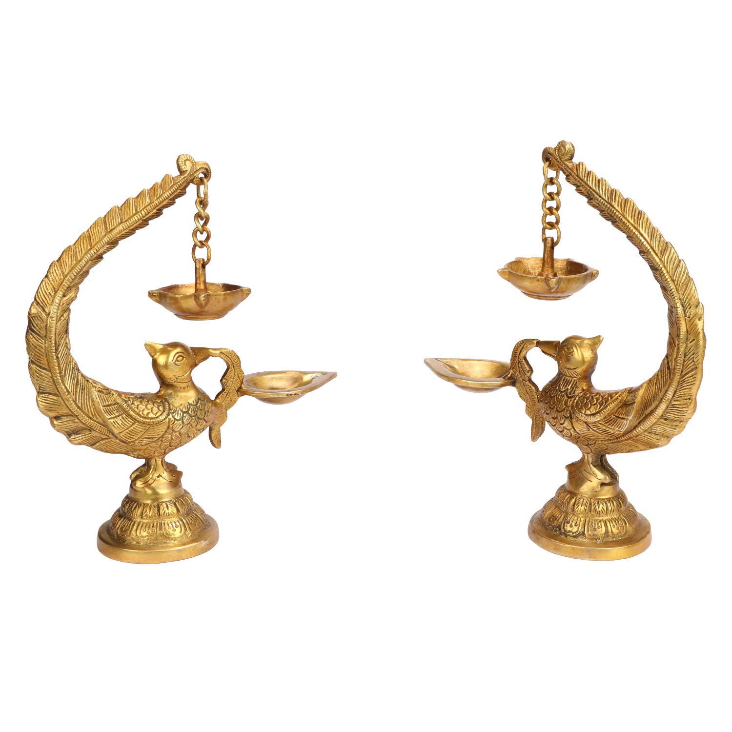 AmiLuv Collections Brass Peacock Bird Design Diya Pair Stand Holder - Gold Traditional Indian Candle Holders (2 Pieces) - Perfect for Diwali, Wedding Decor, Pooja Rituals & Home Decoration