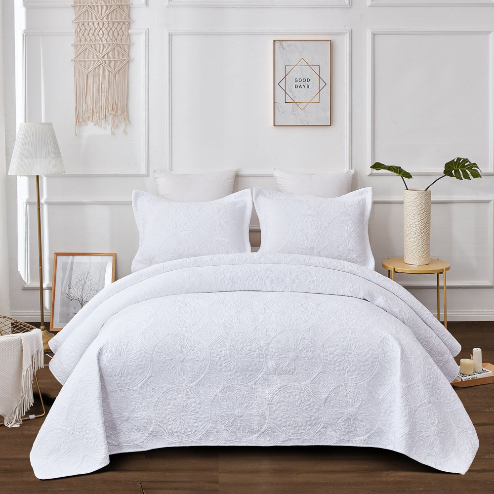 Embroidered Vivid White Coverlet Set - King Size Single Bed Luxury Bedding for Master Bedroom & Guest Room