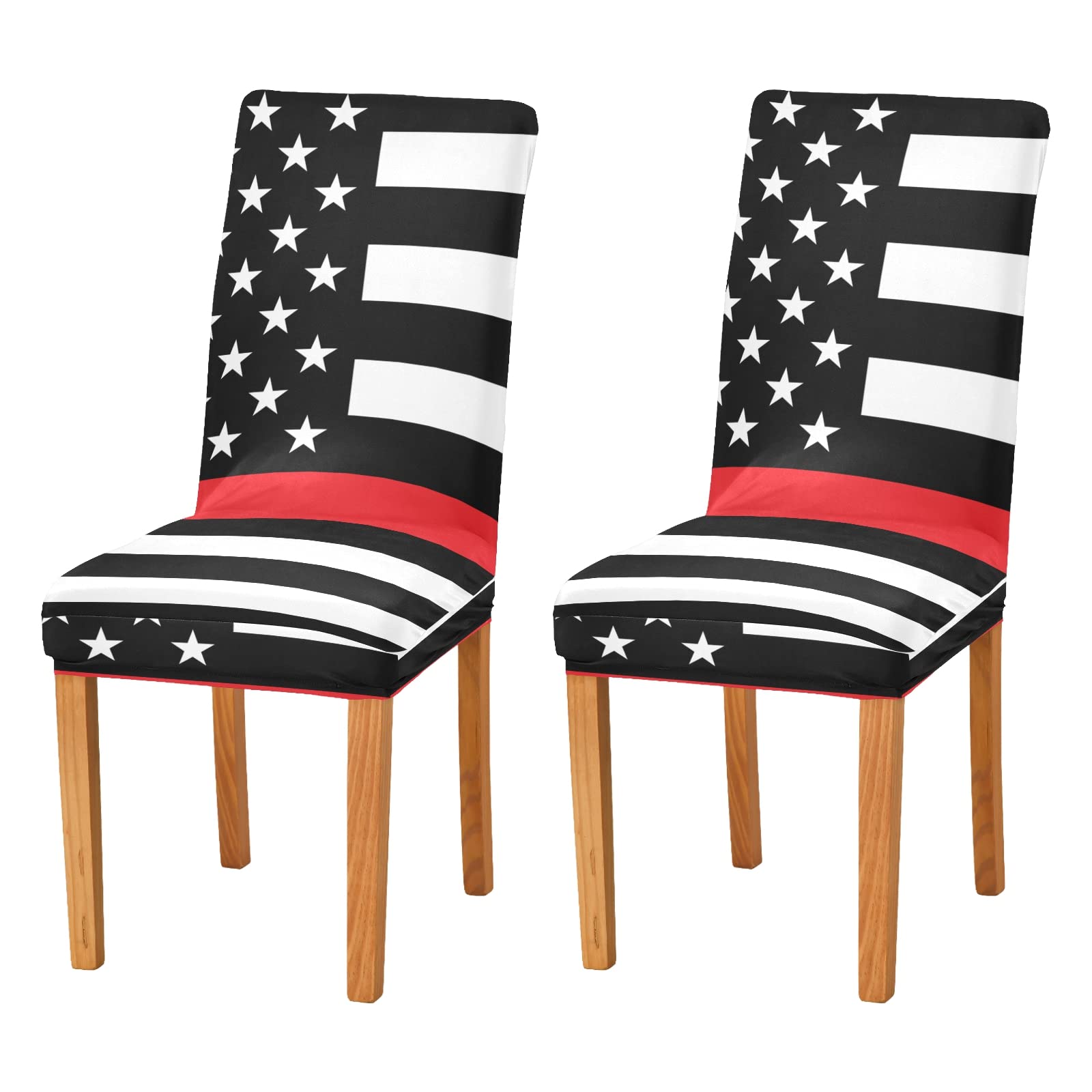 American Flag Firefighter Support Chair Covers Set of 4 - Washable Stretch Slipcovers for Dining Chairs - Patriotic Seat Covers for Kitchen, Office, Wedding & Home Decor
