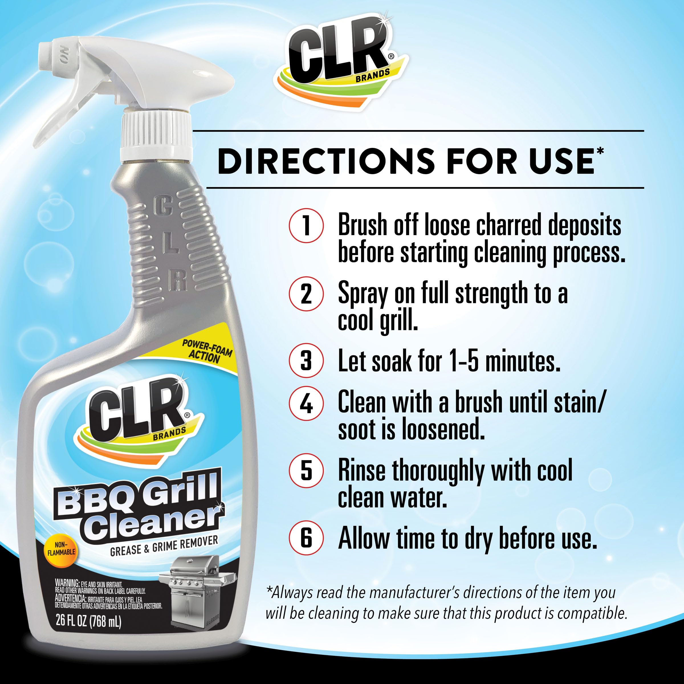 CLR Grill Cleaner & Degreaser Spray - 26 oz | Heavy-Duty BBQ Cleaner for Pellet & Electric Smokers | Removes Burnt Food, Grease & Grime from Grates & Racks | Perfect for Backyard BBQs, Camping & Outdoor Cooking
