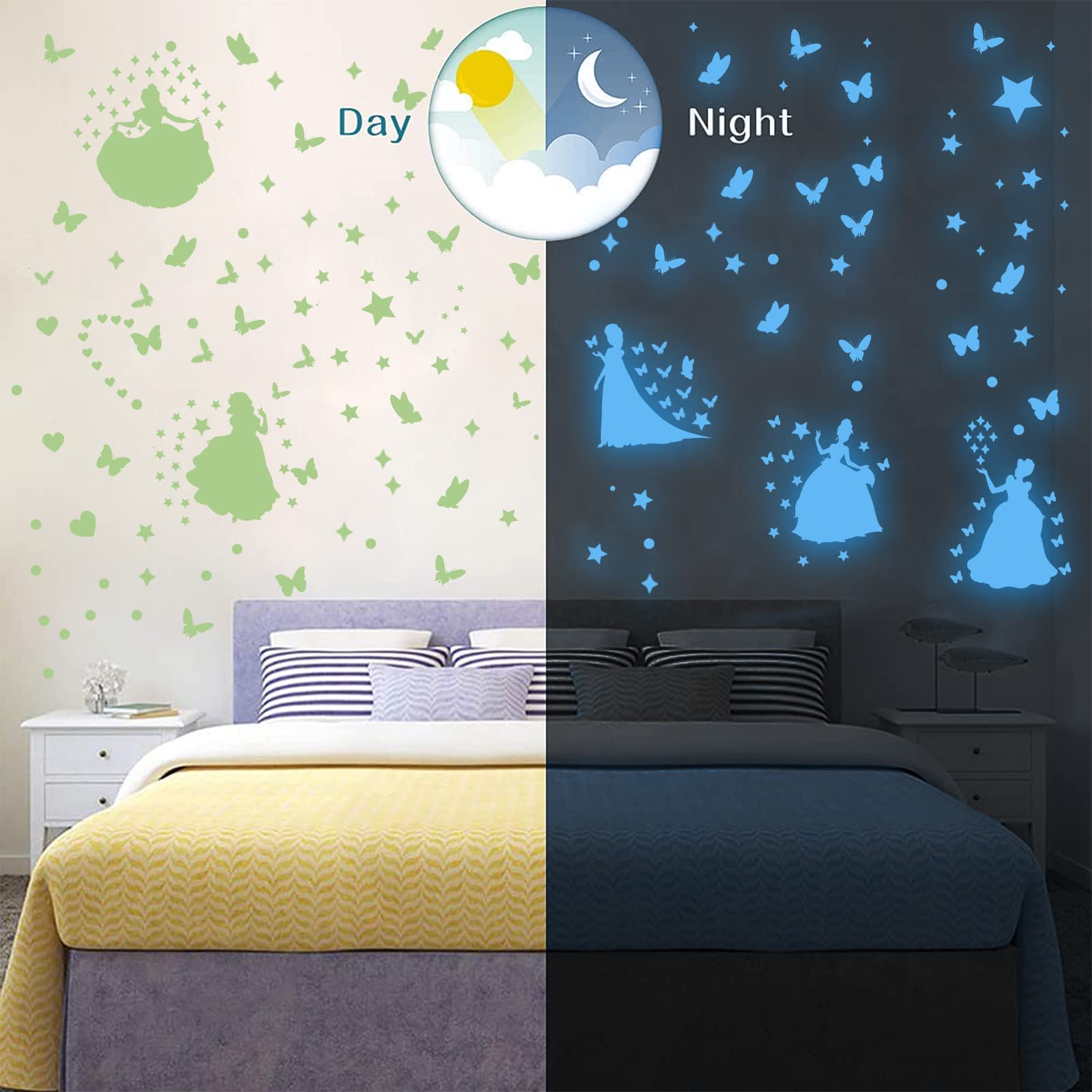 Glow in The Dark Star Wall Stickers - Self-Adhesive Nursery Decor for Girls, Fluorescent Wall Decals, Princess Castle Wall Art for Baby Room - Perfect for Bedroom, Kids Room & Playroom Decorations