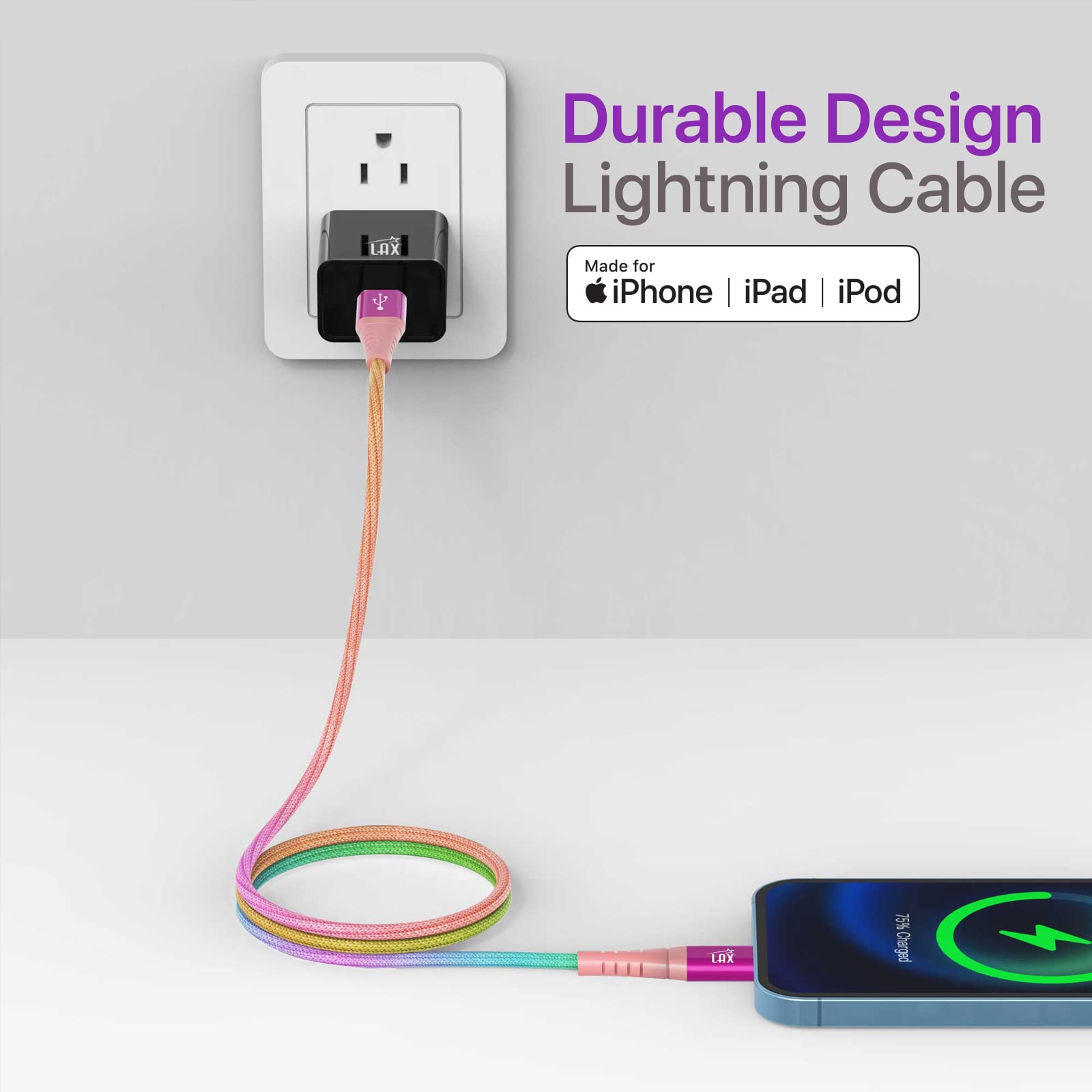 Apple MFi Certified USB C to Lightning Cable - 6ft Fast Charging Nylon Braided Cable for iPhone 14/14 Plus/14 Pro/14 Pro Max, iPad, iPod - Durable Rainbow Color - Perfect for Home, Office & Travel Charging