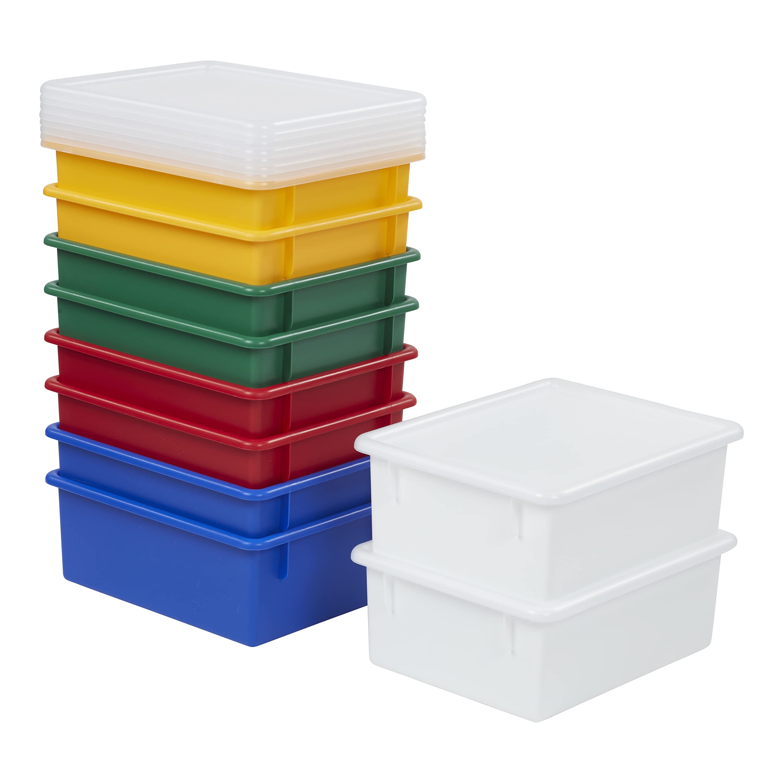 ECR4Kids Letter Size Deep Storage Tray with Lid - 10-Piece Colorful Plastic Organizer Bins for Classroom, Home & Office - Stackable Storage Containers with Non-Snap Lids (Assorted Colors) - Perfect for Organizing Books, Toys, Art Supplies & Office Materials