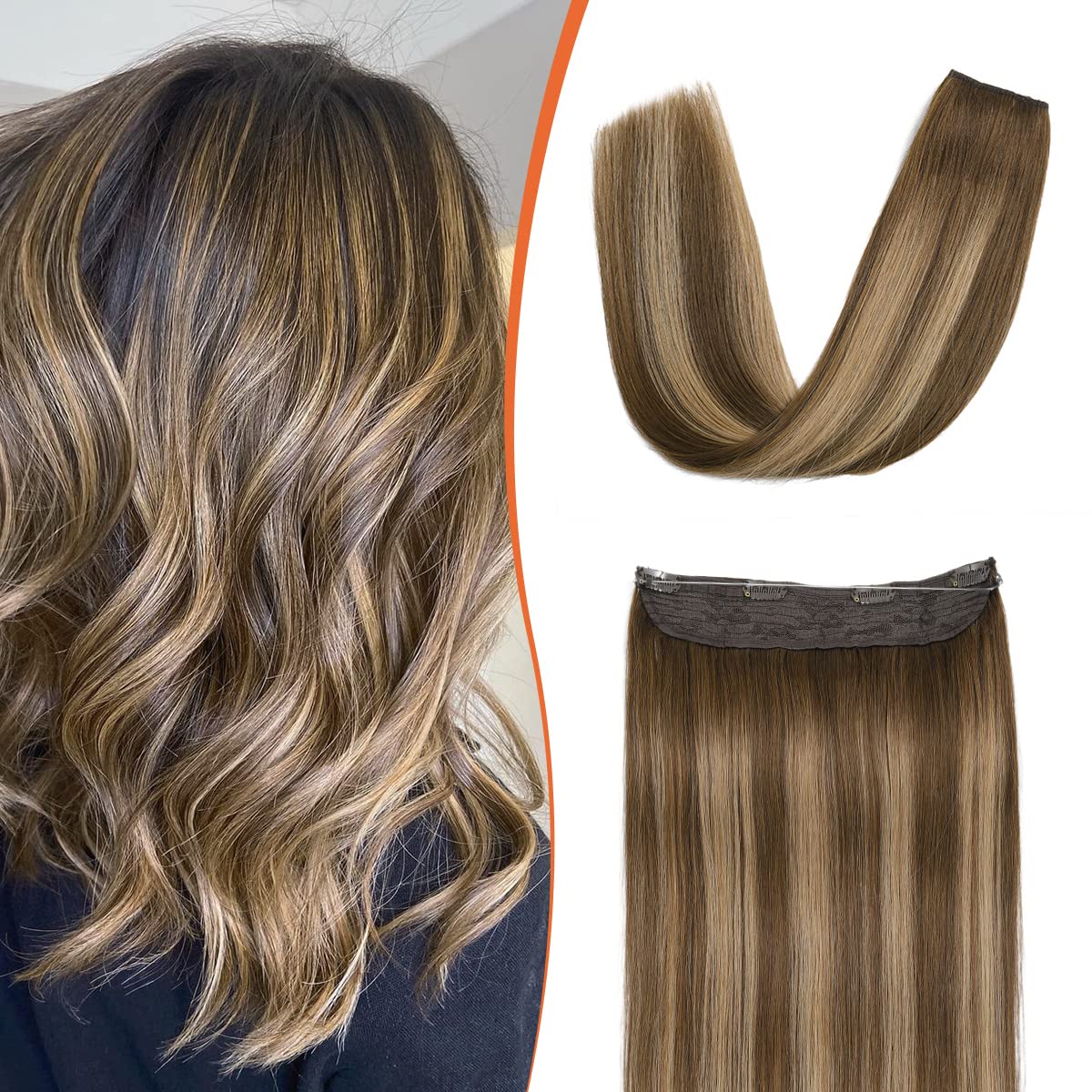 XDhair 14 Inch 70g Balayage Chocolate Brown to Caramel Blonde Invisible Wire Hair Extensions - Real Human Hair Clip-Ins (#4/27) for Daily Wear, Parties & Special Occasions