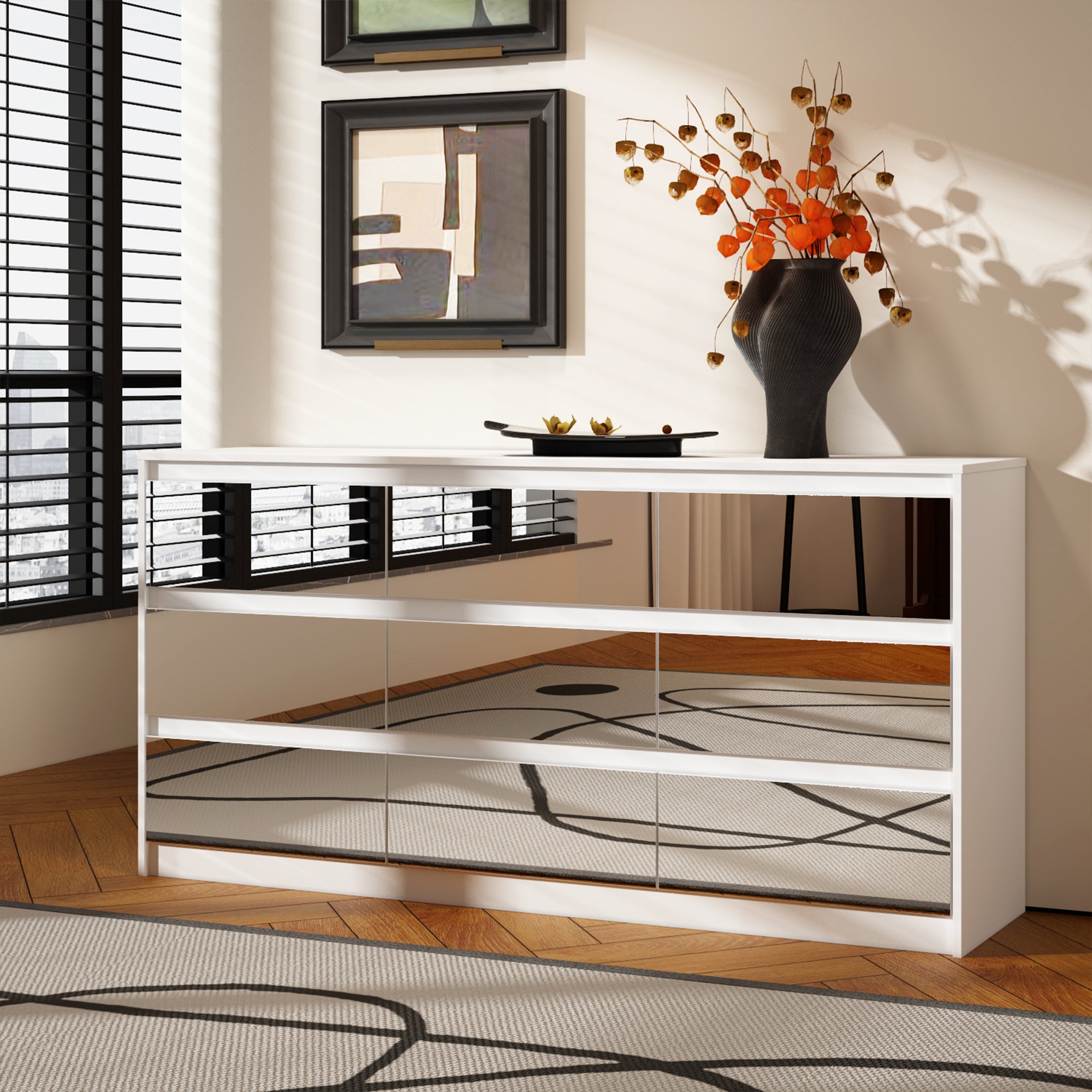 Wide Buffet Cabinet Triple Dresser with 9 Drawers - Spacious Storage Sideboard for Dining Room, Bedroom & Living Room Organization
