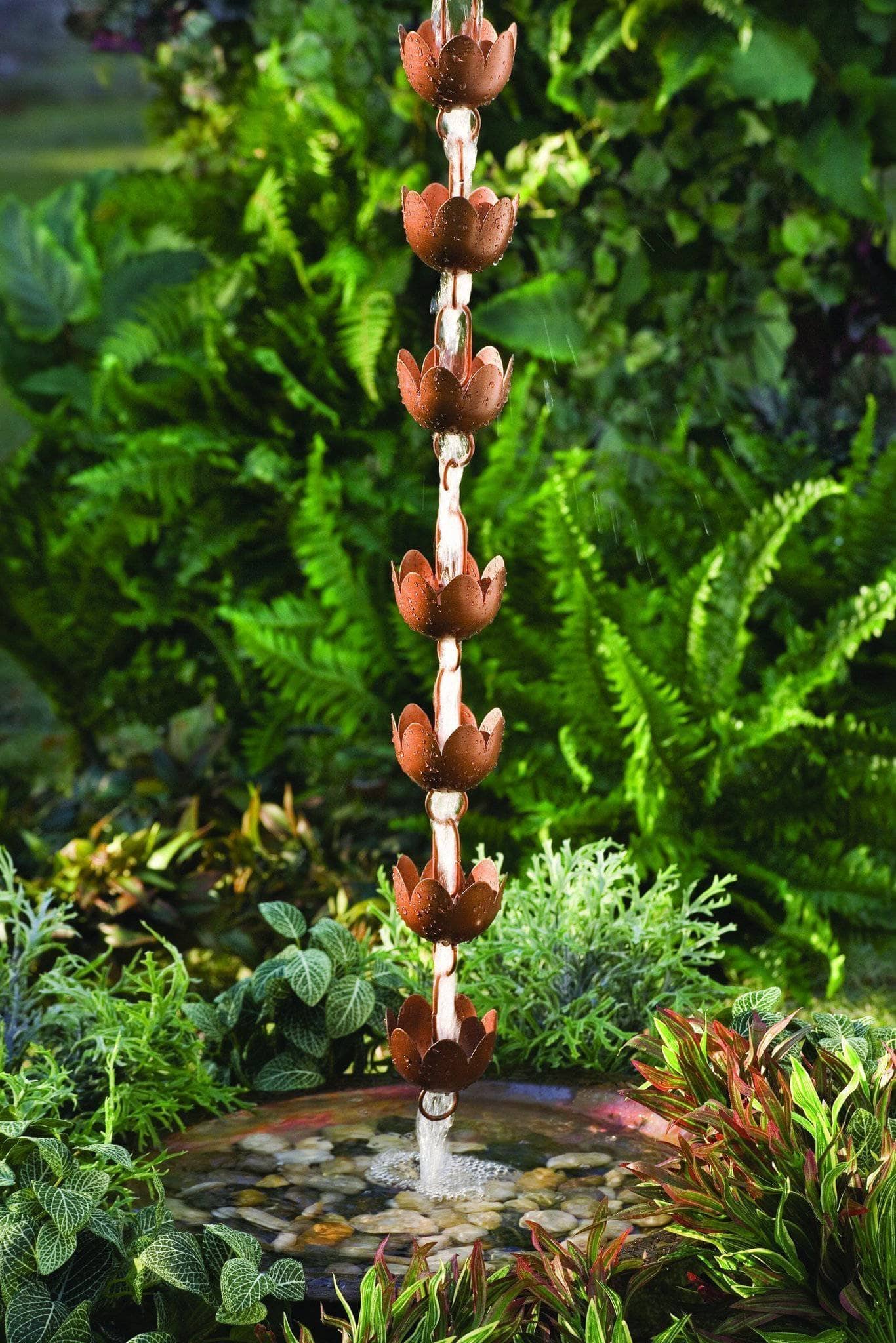 Lily Cup Rain Chain - Decorative Copper Rainwater Downspout for Garden & Patio - Flamed Finish for Rustic Outdoor Decor