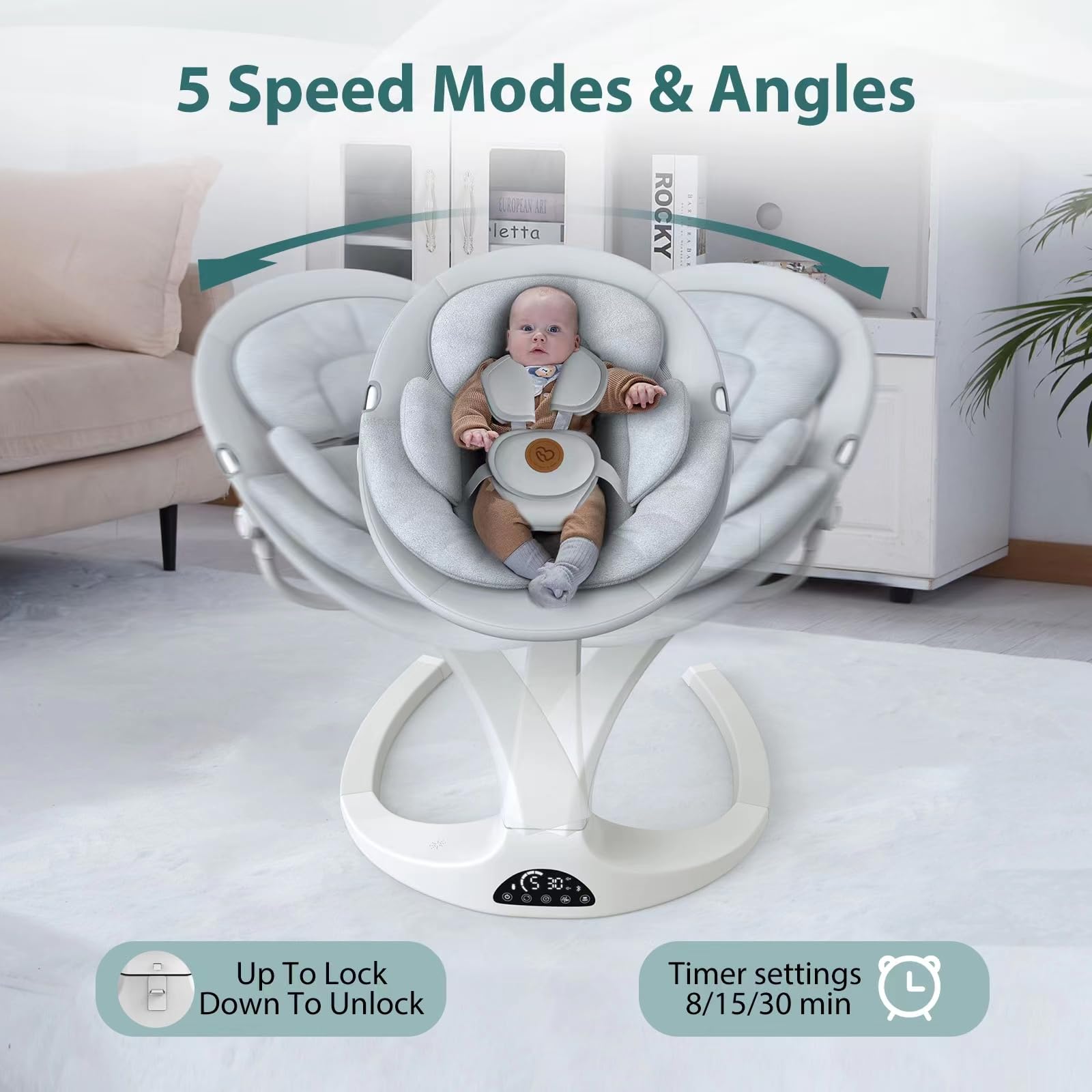 Obee Odee Baby Swing for Infants - 5 Speed Adjustable, 12 Soothing Lullabies, 360° Rotating Seat - Portable Infant Swing with Adapter & Battery Power (White Hoop Design) - Perfect for Nursery, Living Room & Outdoor Use