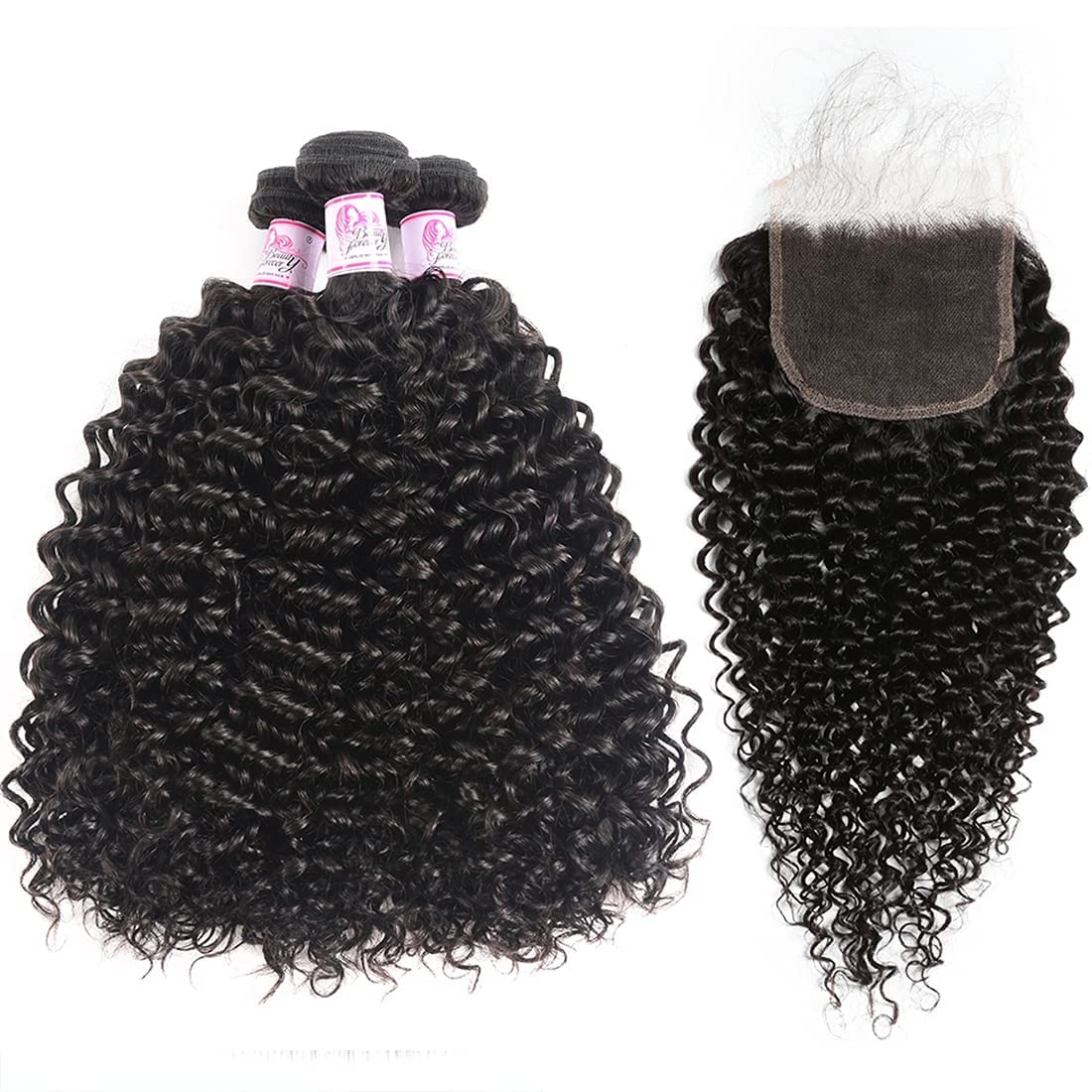 Beauty Forever Jerry Curly 3 Bundles With 5X5 HD Lace Closure Brazilian Unprocessed Virgin Human Hair Weave - 18 18 18 + 16 Inch Free Part Lace Closure Natural Color Virgin Remy Hair Extensions for Stunning Curly Hairstyles & Daily Wear