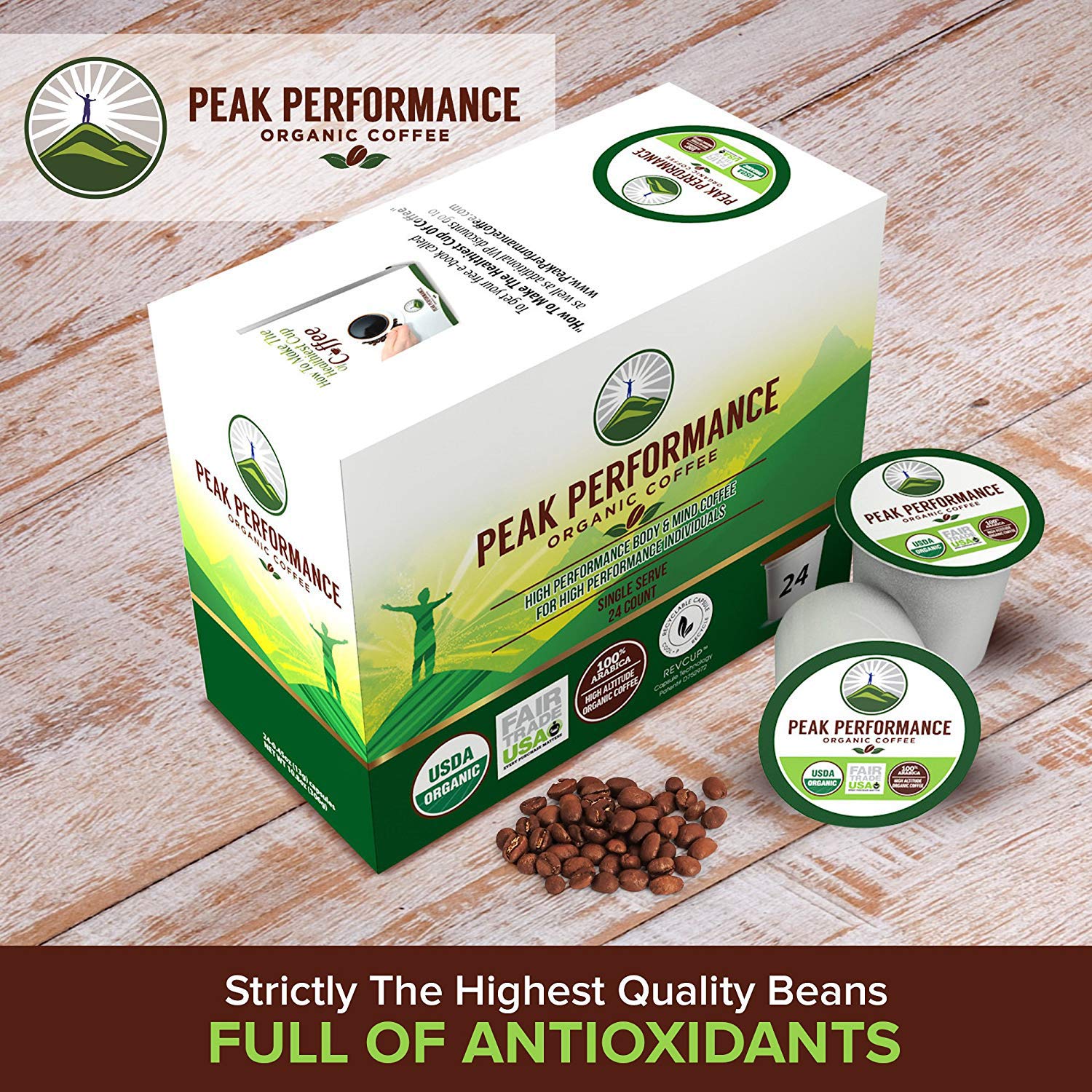 Peak Performance Organic Coffee Pods - Low Acid K-Cup Keurig Compatible, USDA Organic, Fair Trade Medium Roast Single Serve Coffee (96 Count Recyclable Cups) - Perfect for Home, Office & High Performers