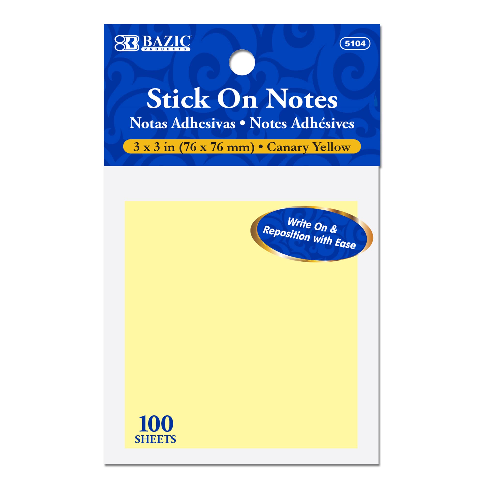 BAZIC 3x3 Inch Canary Yellow Sticky Notes - Self-Stick Memo Pads, Colorful Adhesive Notes, Recyclable (100 Sheets/Pack, 288-Packs) for Office, School & Home Organization