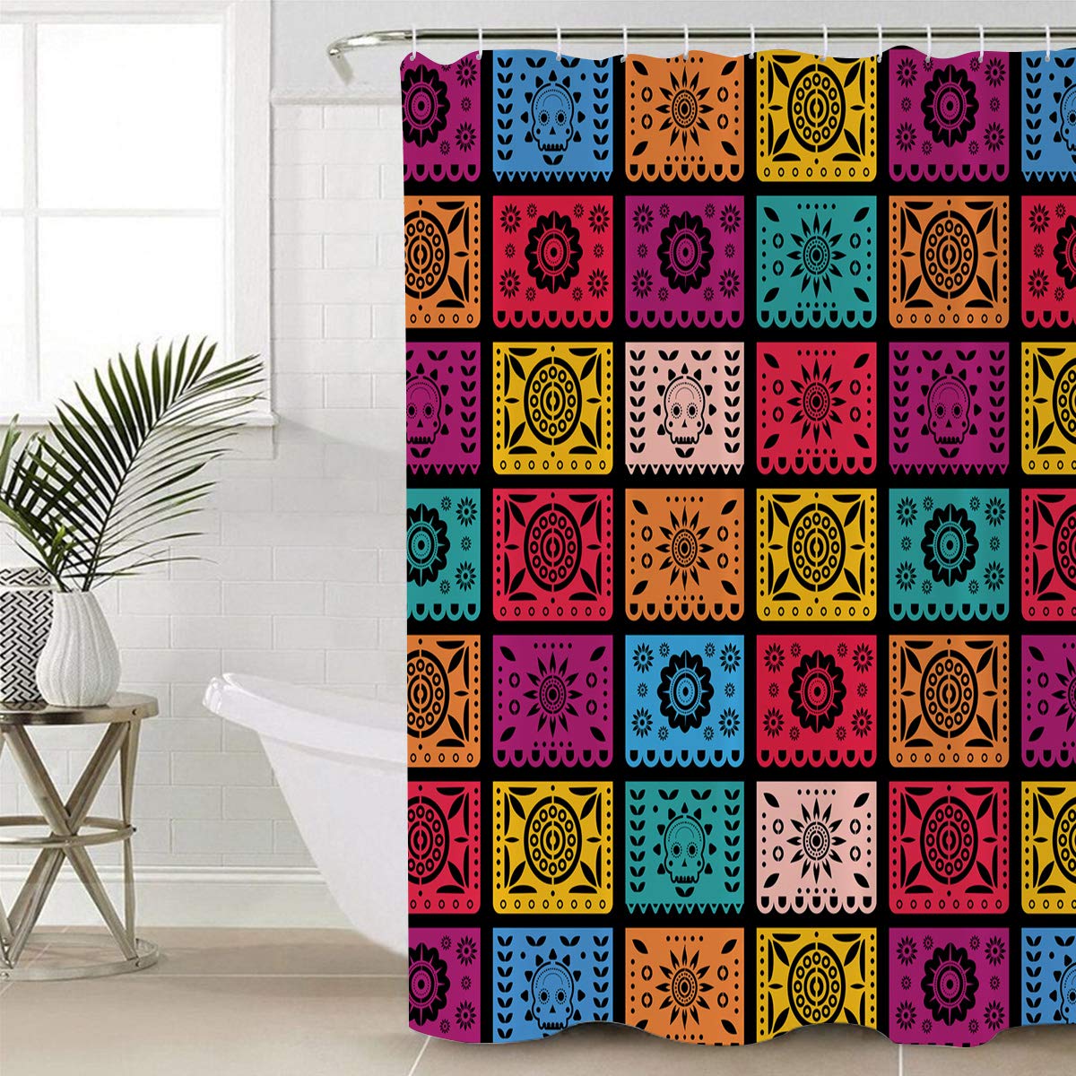 Day of The Dead Paper-Cut Art Shower Curtain Set - 36 x 72 Inch Waterproof Polyester Fabric Bathroom Shower Curtain with Liner for Shower Stall & Bathtub - Perfect for Halloween, Dia de Los Muertos Decor & Gothic Bathroom Themes