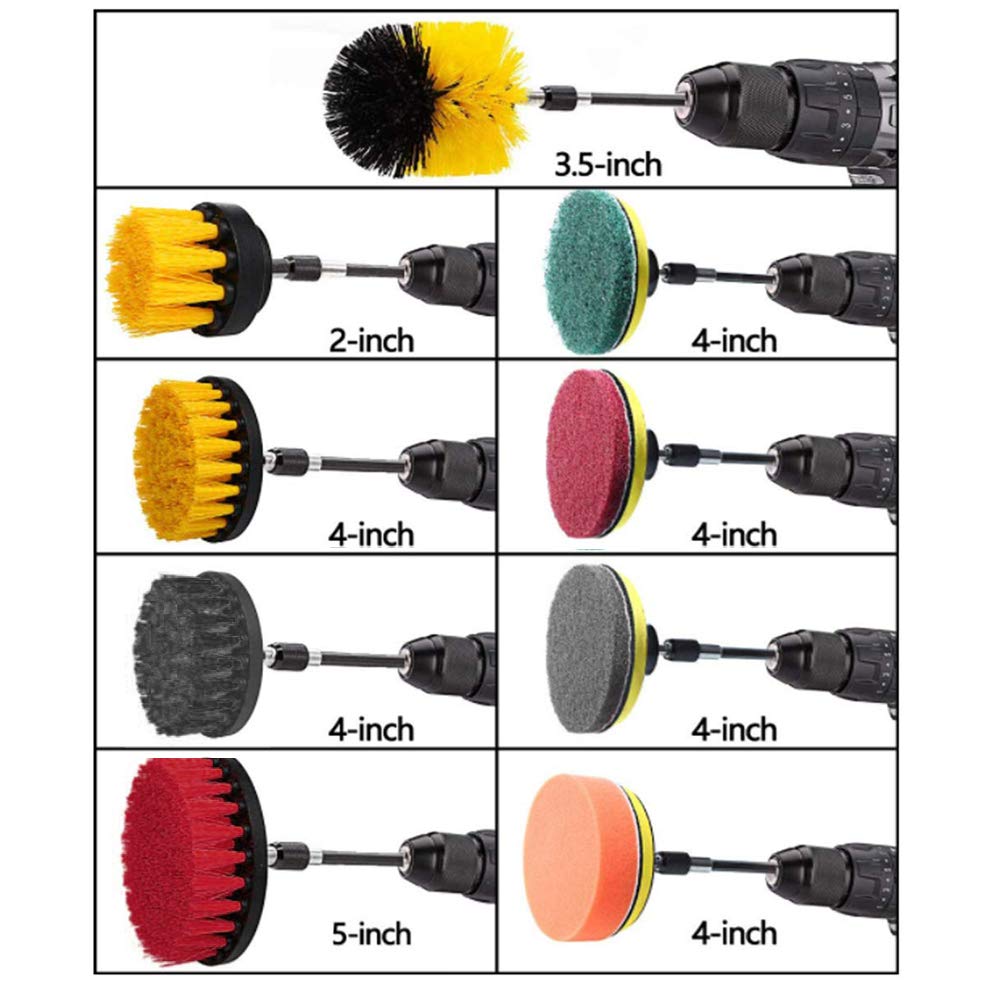 Power Scrubber Drill Brush Cleaning Kit - 20 Pack Heavy Duty Scouring Pads for Tile, Grout, Car Wheels, Bathroom & Kitchen - Extendable Long Handle Cleaner & Polisher for Pool, BBQ, and Tough Stains