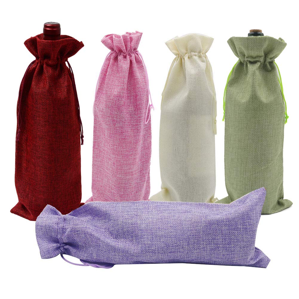 10Pcs Reusable Burlap Wine Bottle Gift Bags with Drawstrings - 750ml Mixed Color for Holiday, Wedding, Party, Birthday, Travel & Blind Tasting - Perfect for Gifting, Home Storage & Wine Events