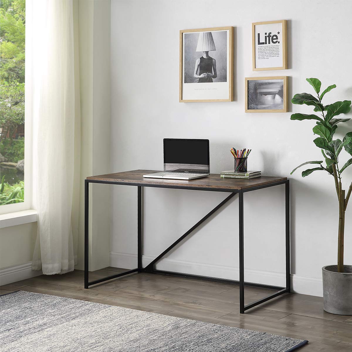 46-Inch Home Office Computer Desk - Modern Industrial Style Small Study Desk with Metal Frame, Easy Assembly for Laptop & Workspace (Brown) | Perfect for Home Office, Dorm Room & Small Spaces