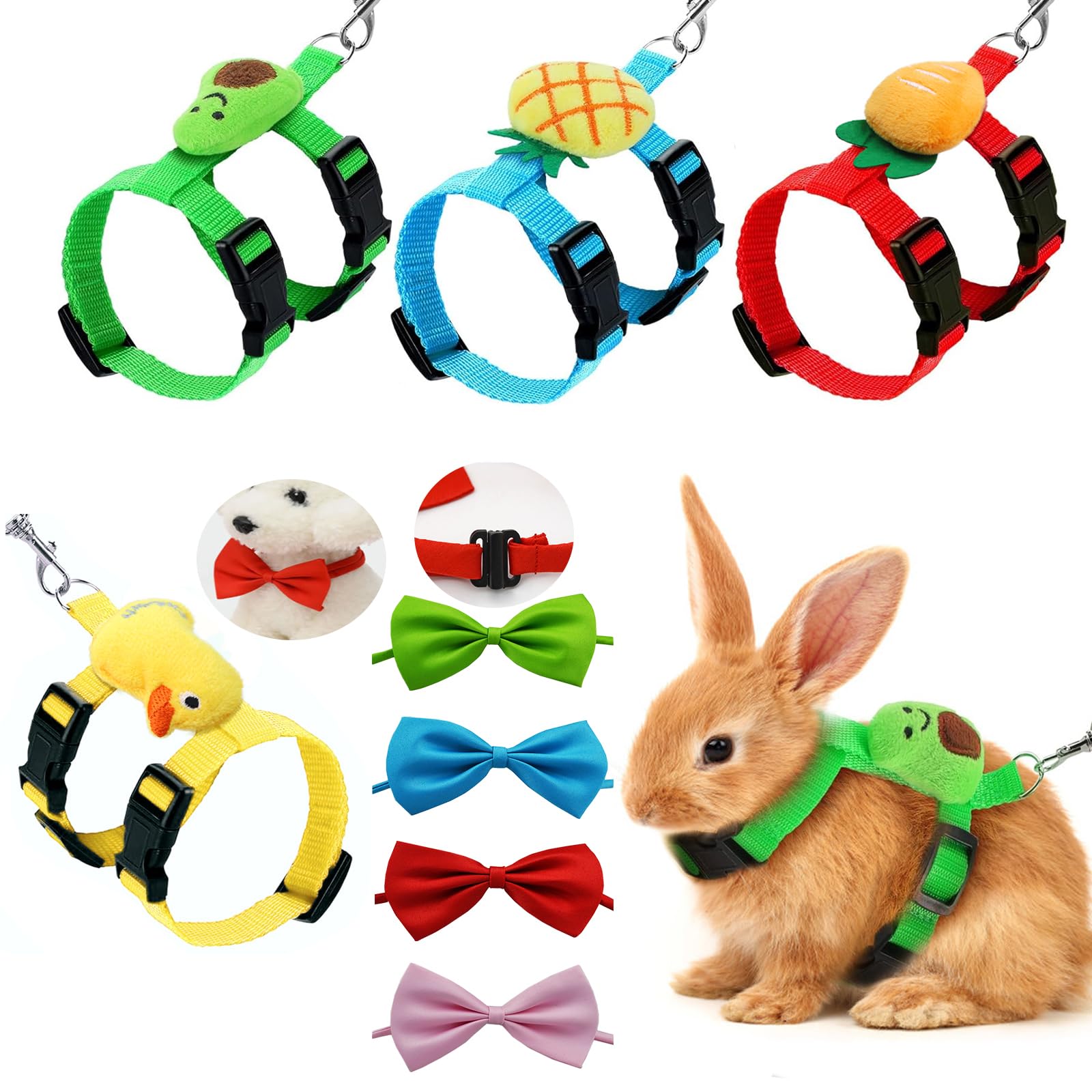 4 Sets Adjustable Rabbit Harness and Leash Set - Small Pet Safety Vest with Leash for Bunny, Cat, Dog, Kitten, Ferret - Includes 4 Decorative Fruit Bow Ties - Perfect for Walks, Training, and Pet Fashion Outfits