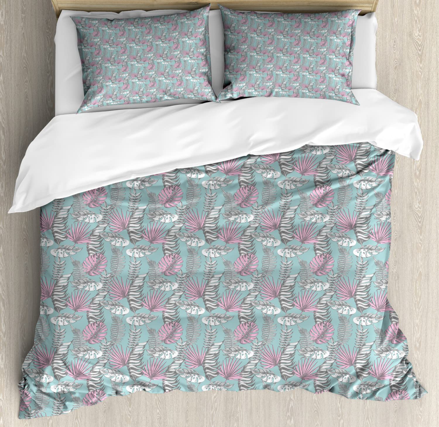Ambesonne Tropical Duvet Cover Set Queen Size - 2 Pack with 4 Pillowcases, Hawaiian Leaves Exotic Foliage Design in Pale Seafoam & Pink | Breathable Bedding for Beach House, Vacation Home & Tropical Bedroom Decor
