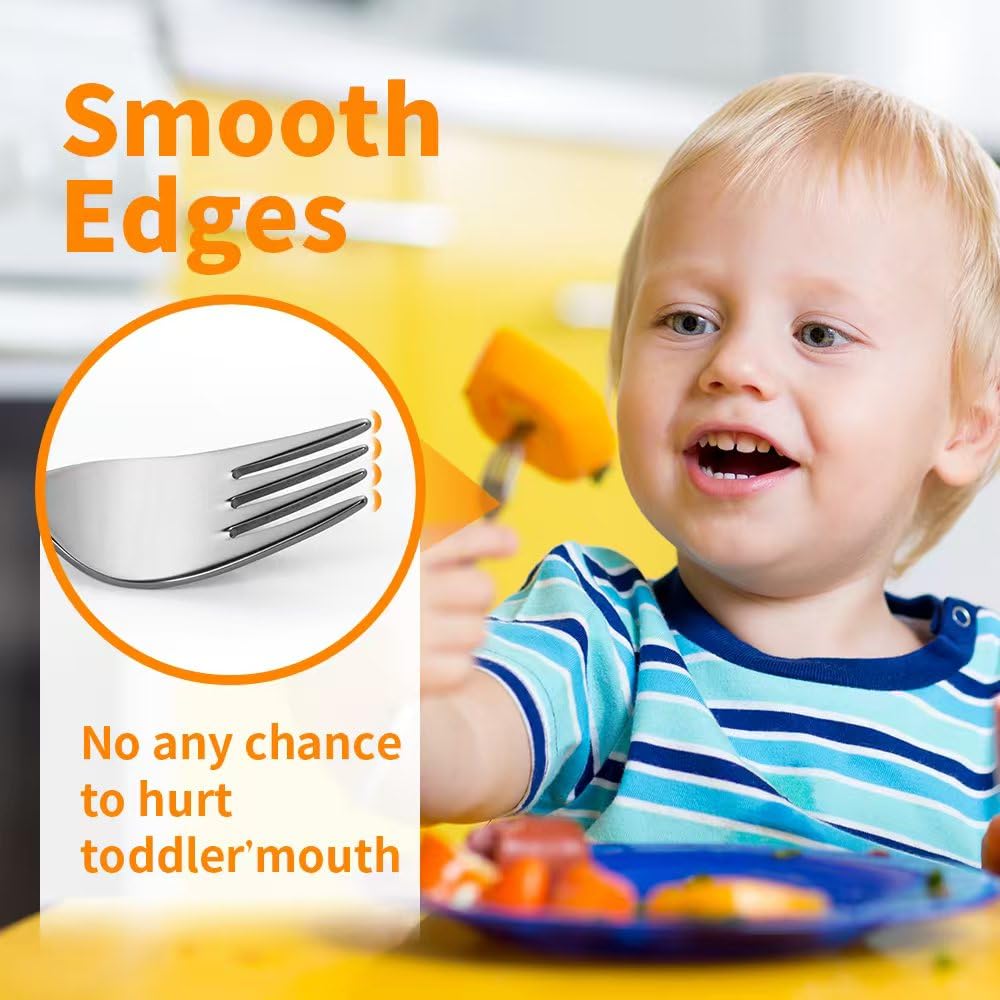 4-Piece Kids Utensils Set - Stainless Steel Training Forks & Spoons with Rounded Edges | Self-Feeding Tools for Toddlers 3+ Years and Preschoolers | Dishwasher Safe Tableware | Perfect for Home, School Lunch & Travel Meals