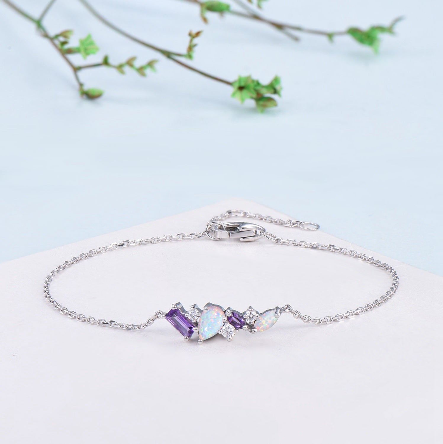 Elegant Pear-Shaped White Opal Bracelet with Multi-Stone Baguette Amethyst & Moissanite - Silver & Gold Art Deco Jewelry for Anniversary Gift | Perfect for Weddings, Parties & Special Occasions
