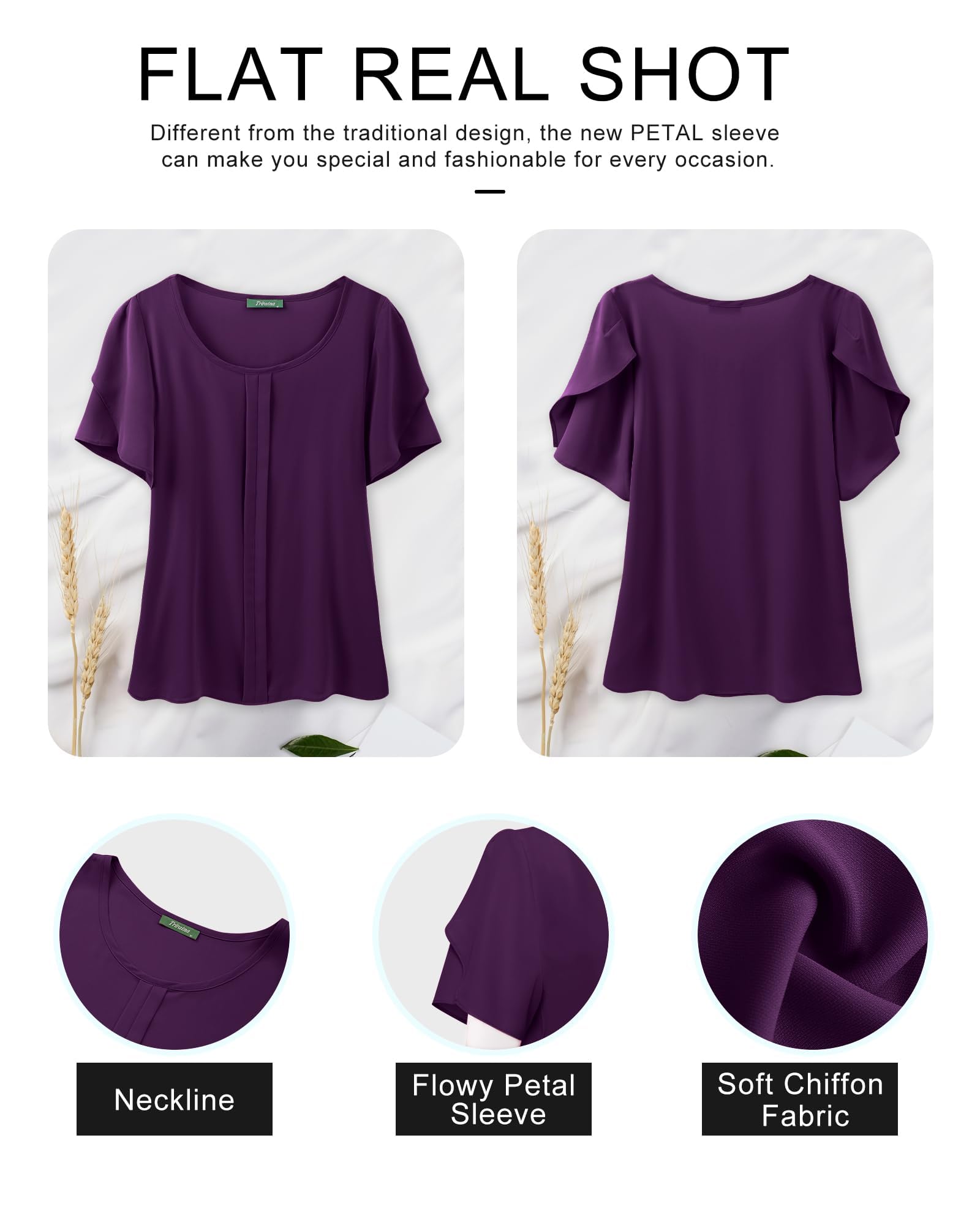 Women's Chiffon Blouses - Business Casual Short Sleeve Tunic Tops for Office Work | Elegant Petal Sleeve Dress Shirts for Professional & Casual Wear