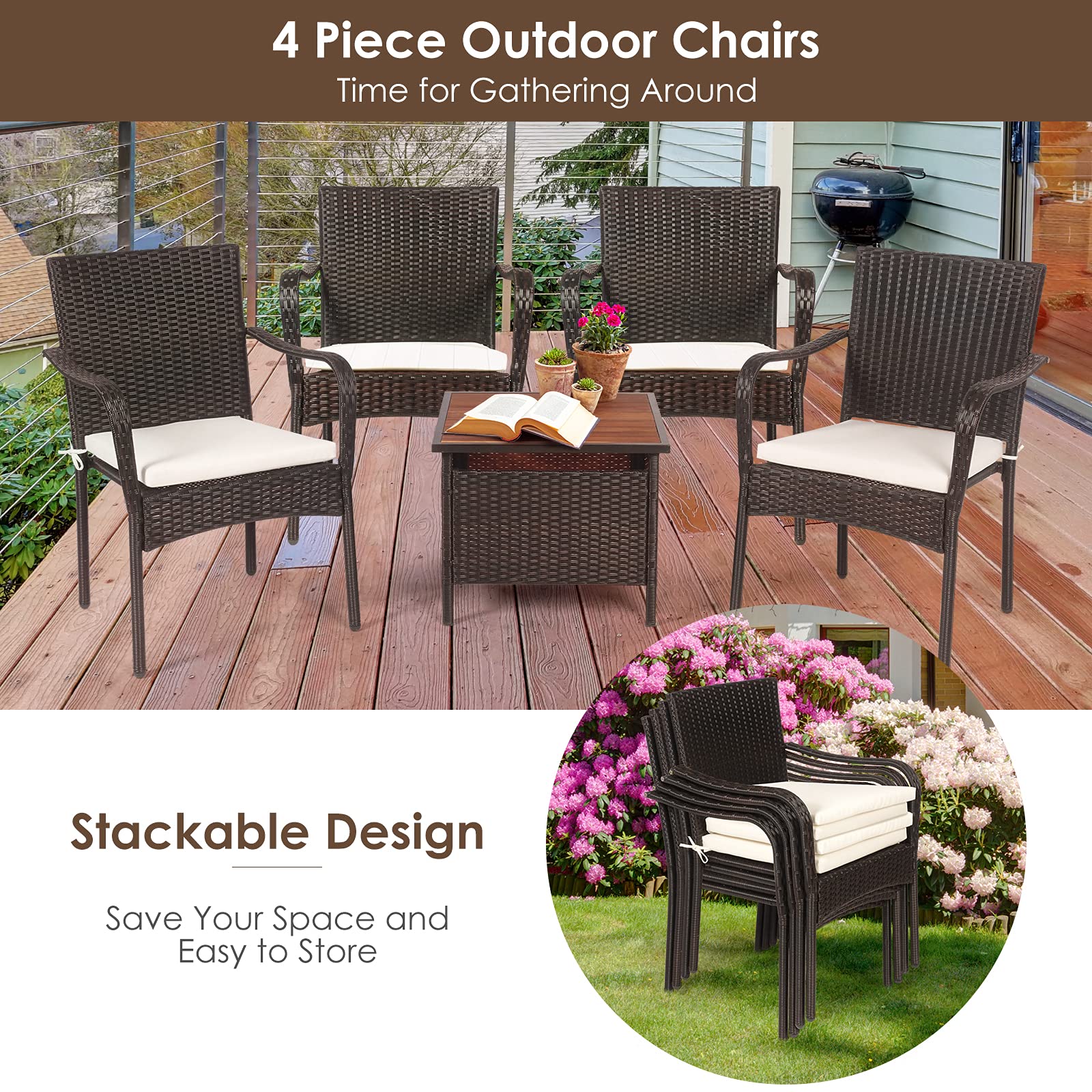 RELAX4LIFE 4-Piece Stackable PE Wicker Patio Dining Chairs Set with Comfortable Cushions & Rust-Proof Steel Frame - Outdoor Conversation Chairs for Porch, Garden, Poolside & Backyard Relaxation | Perfect for Dining, Lounging and Entertaining Guests