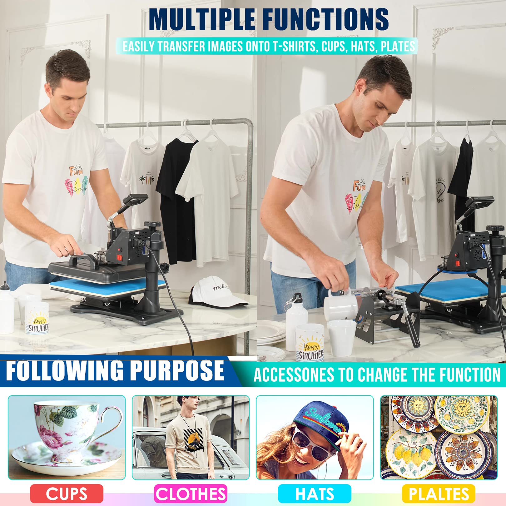 AKEYDIY 8 in 1 Digital Heat Press Machine 12x15 Inch with 360° Swing Away - Multi-Function Sublimation Combo for T-Shirts, Mugs, Hats & Plates - Perfect for DIY Crafts, Custom Apparel & Small Business Printing