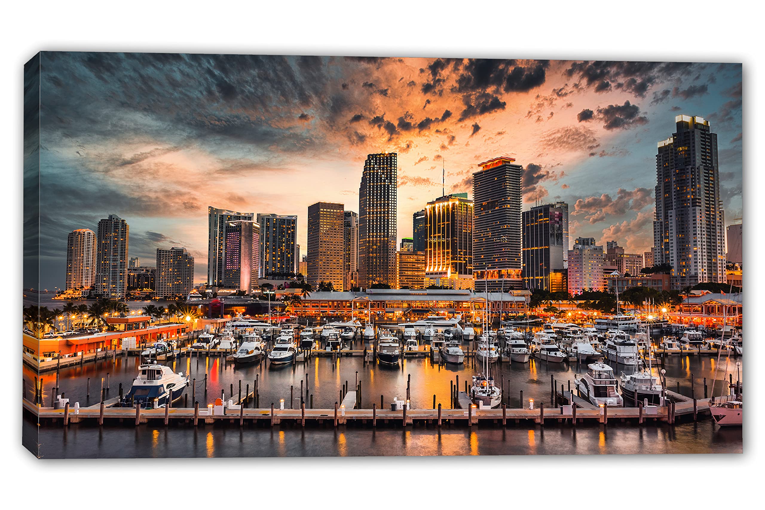 48x24 Miami Skyline Canvas Print - Stunning Glowing Sunset Panoramic Wall Art for Living Room, Bedroom & Office Decor