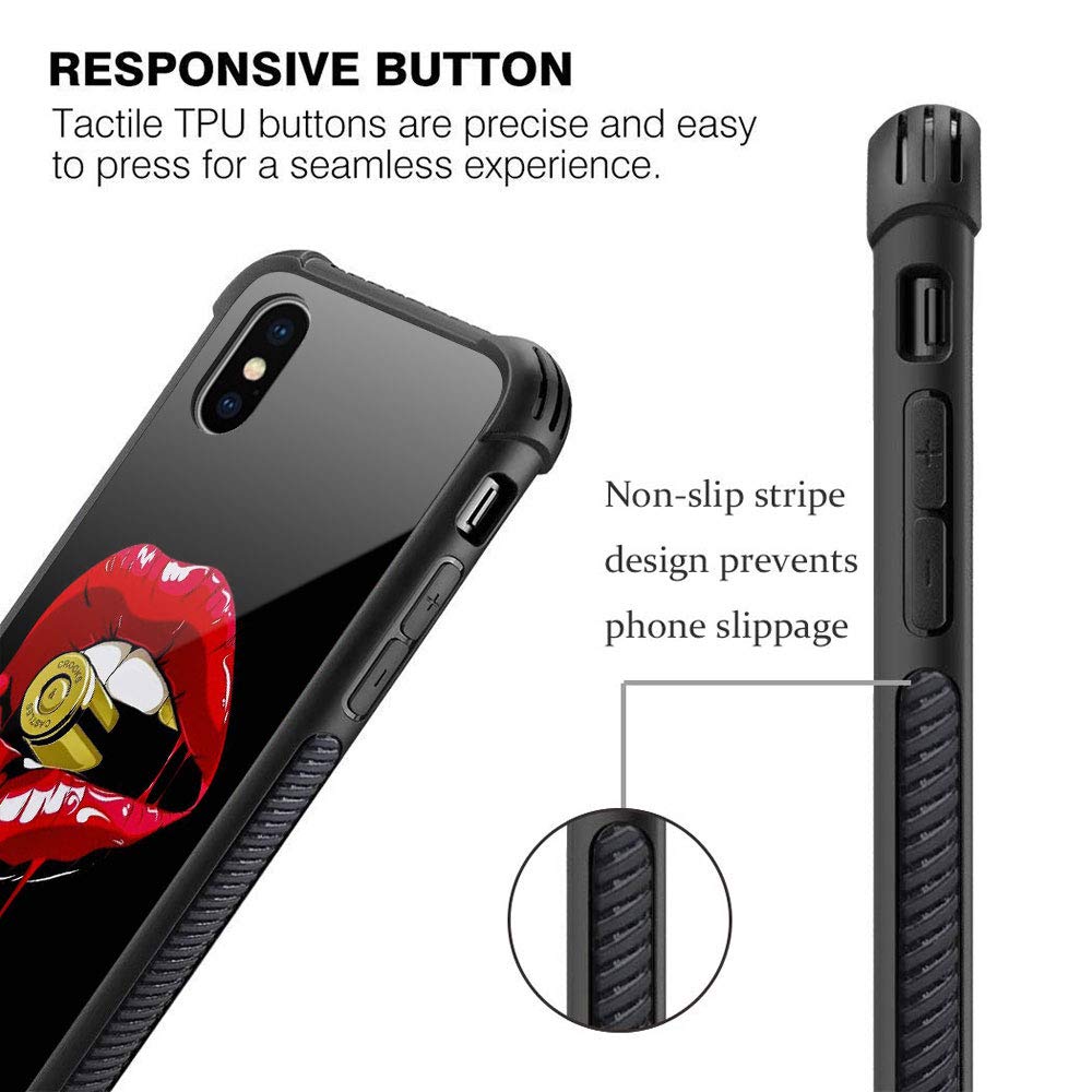 Shockproof iPhone Xs Max Case with Tempered Glass Back & Soft Silicone TPU - Red Lip Bite Bullet Design | Slim Protective Cover for iPhone Xs Max (2018) | Perfect for Daily Use, Travel & Outdoor Activities