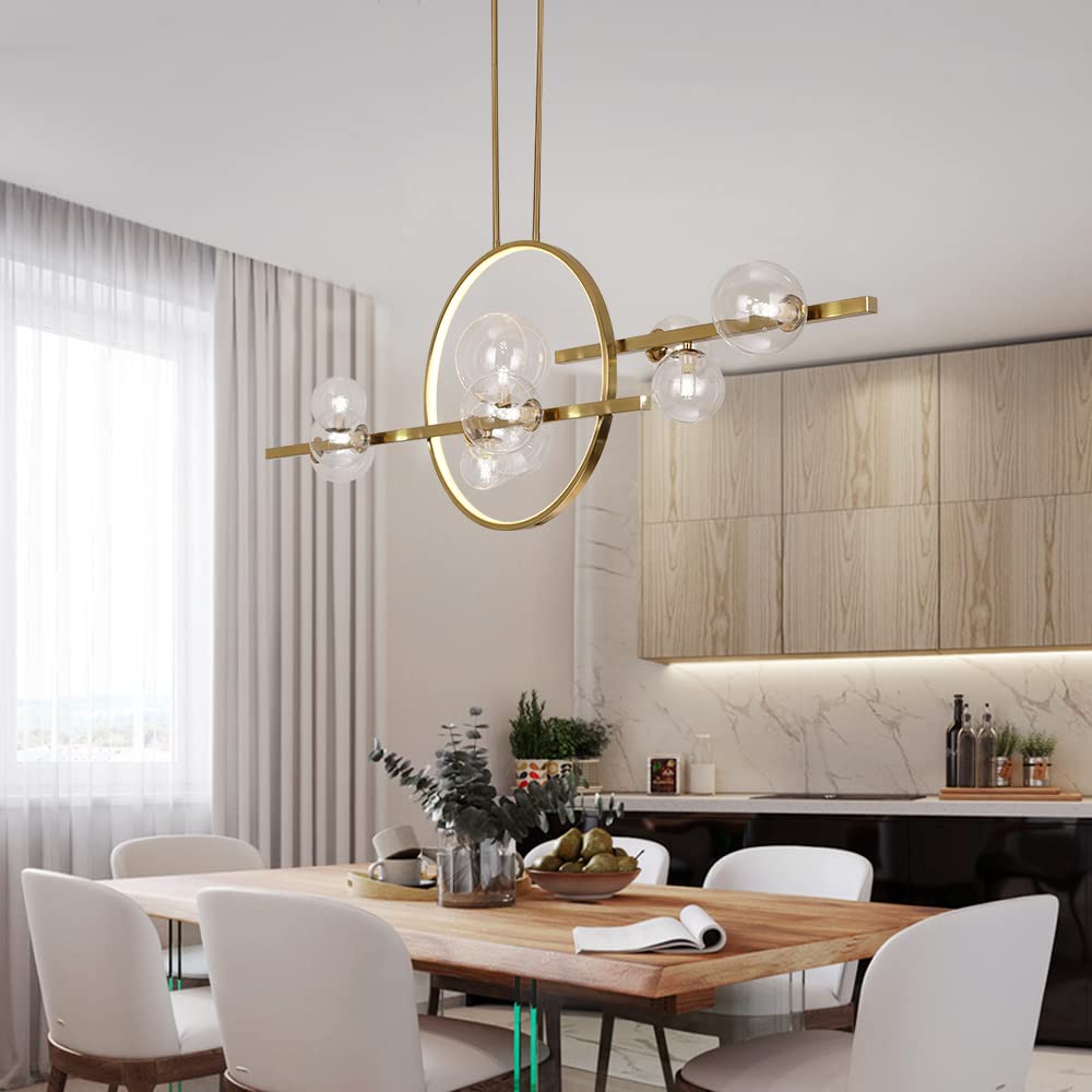 10-Light Modern Kitchen Island Pendant Lighting with Adjustable Rods & Glass Shade - Linear Chandelier for Dining Room and Kitchen - Perfect for Contemporary Home Decor and Open Concept Spaces