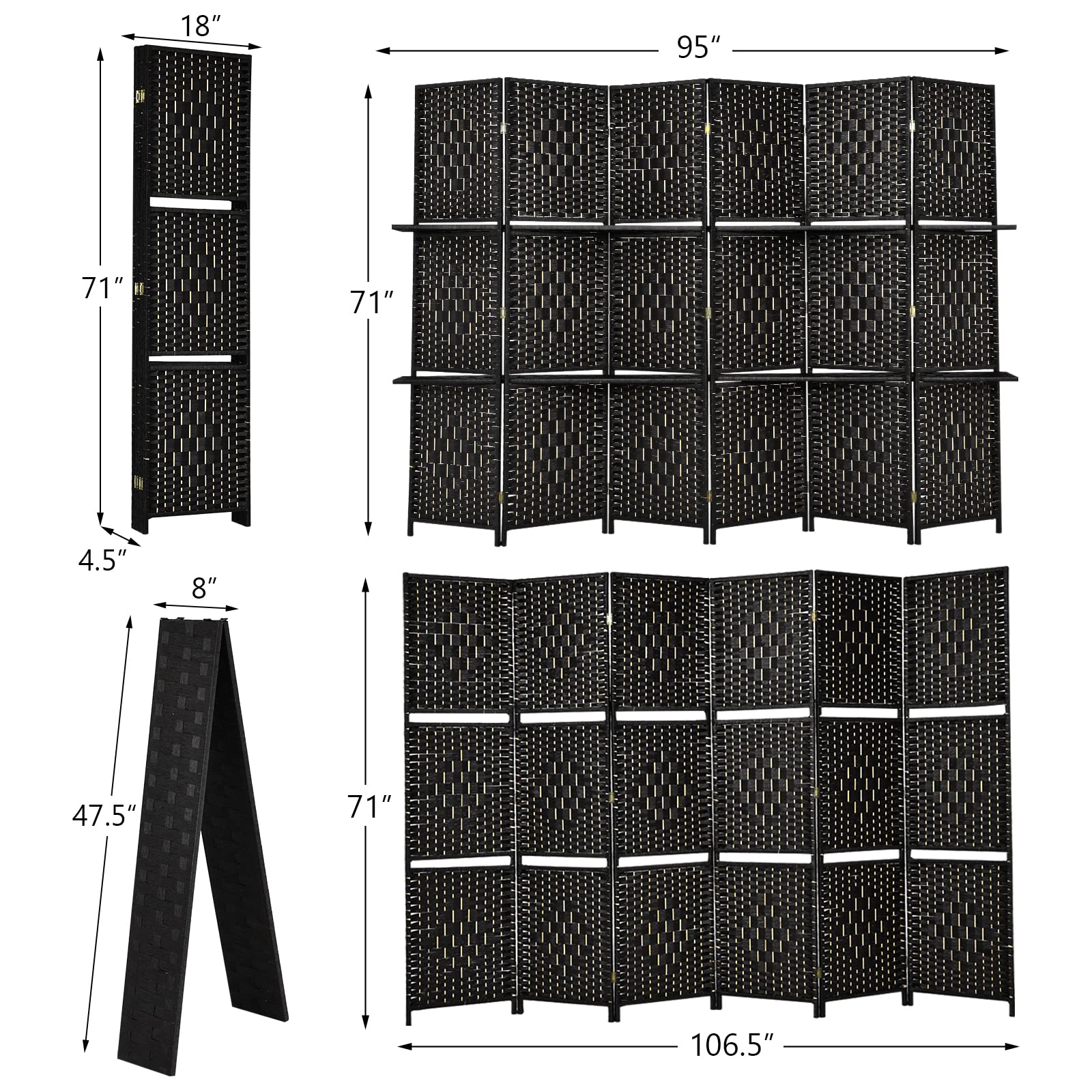 Giantex 6Ft 6 Panel Freestanding Room Divider with Shelves - Hand-Woven Rattan Folding Privacy Screen for Home, Office & Studio - Wooden Partition Wall for Room Separation & Organization | Perfect for Creating Private Spaces, Home Decor & Workspace Dividers
