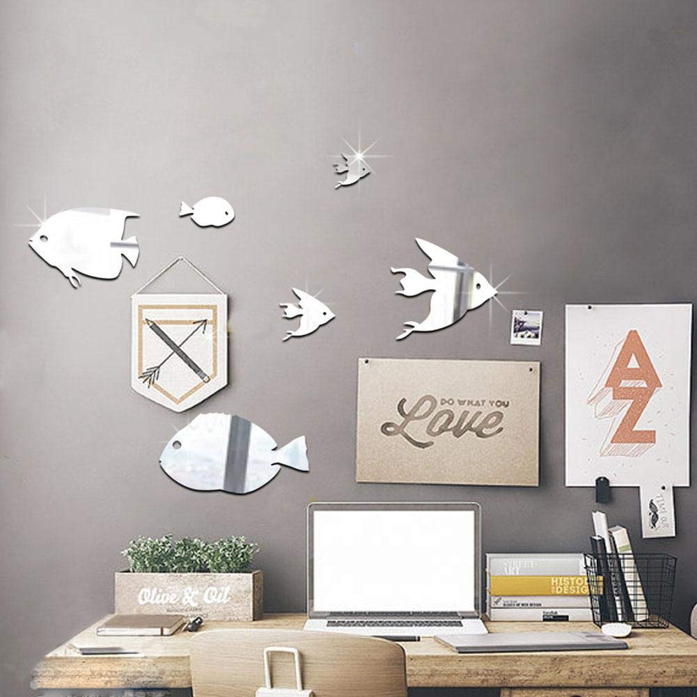 DIY Fish School Wall Stickers - Silver Mirror Wall Decal for Bedroom, Bathroom, Living Room & Backdrop Decor | Peel and Stick Art Decoration for Home & Office