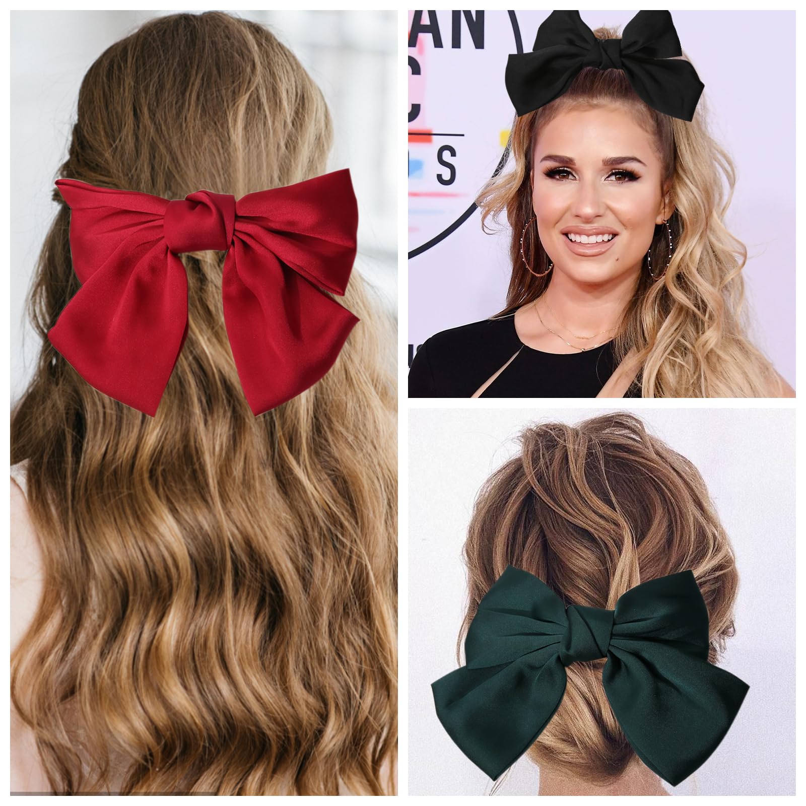 ZOCONE 4 Pack Large Women's Hair Bow Clips - Soft Satin French Style Hair Accessories in Green, Black, Red & White | Perfect for Weddings, Parties, Prom & Everyday Fashion