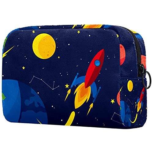 Space-Themed Travel Toiletry Bag - Waterproof Cosmetic Organizer with Zipper for Women & Men | Perfect for Camping, Gym, Vacation & Airplane Carry-On Essentials (Cartoon Rocket & Starship Design)