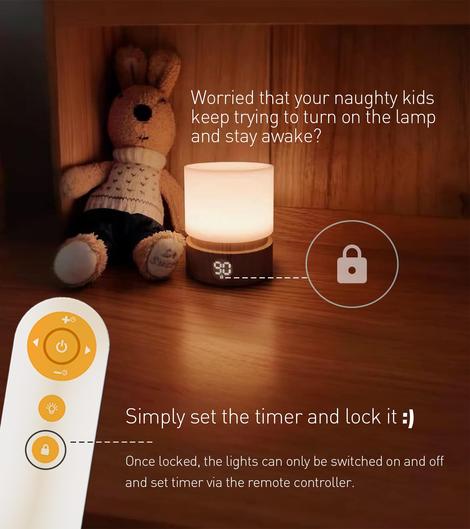 Smilodon Woodgrain LED Touch Bedside Lamp with Timer & Remote Control - Battery Powered Night Light for Kids Bedroom, Nursery & Reading Corner