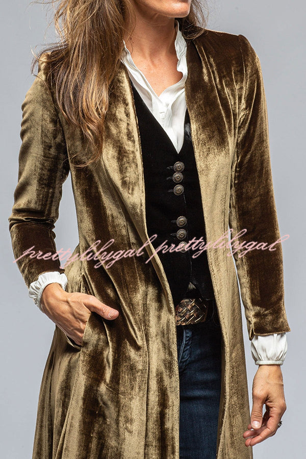 Vintage Velvet Long Loose Pocket Slit Coat - Women's Elegant Trench Coat with Pockets for Fall Winter Fashion, Perfect for Office, Date Night and Special Occasions